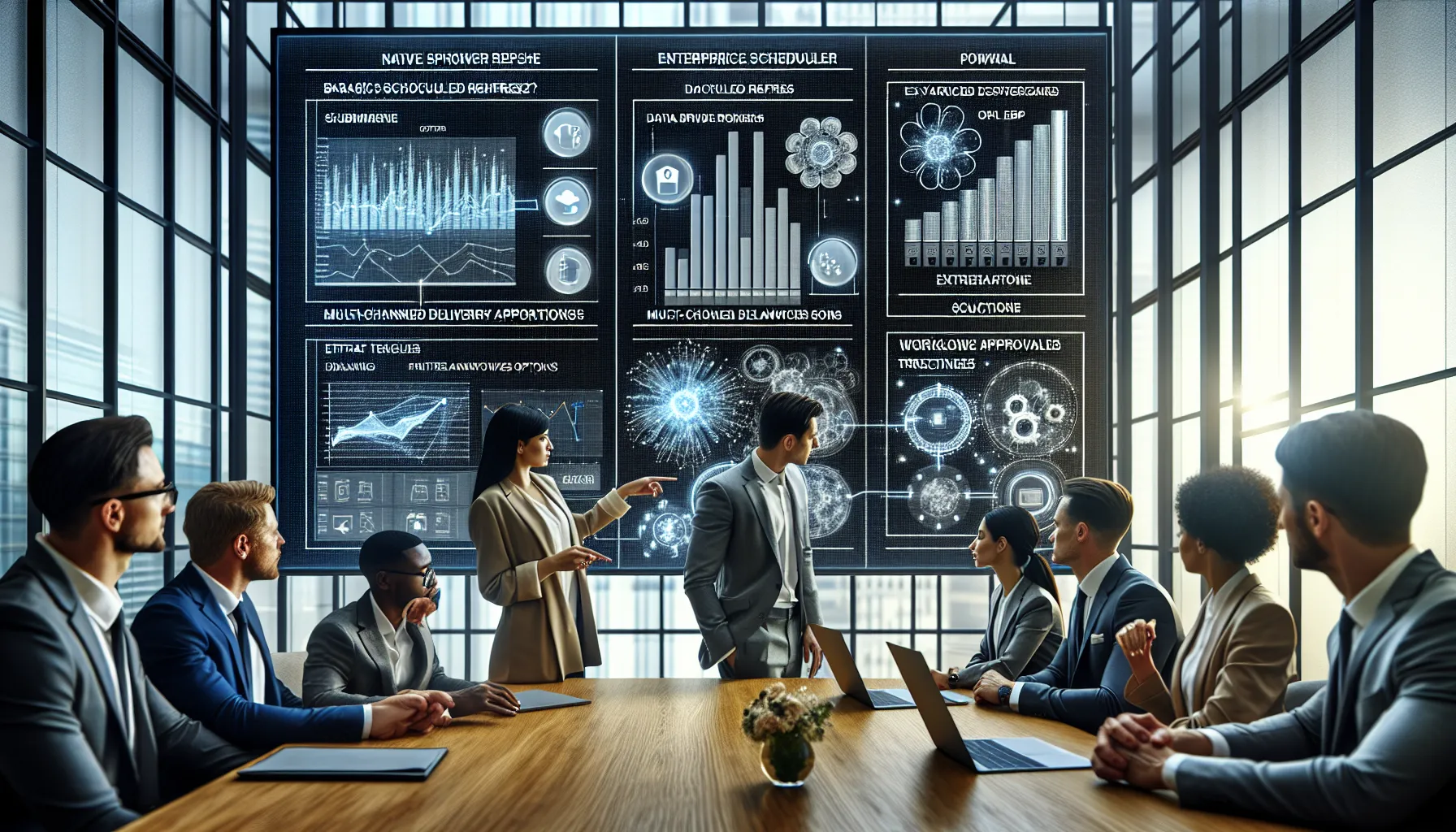 Diverse analytics team comparing native Power BI scheduling with an enterprise scheduler.