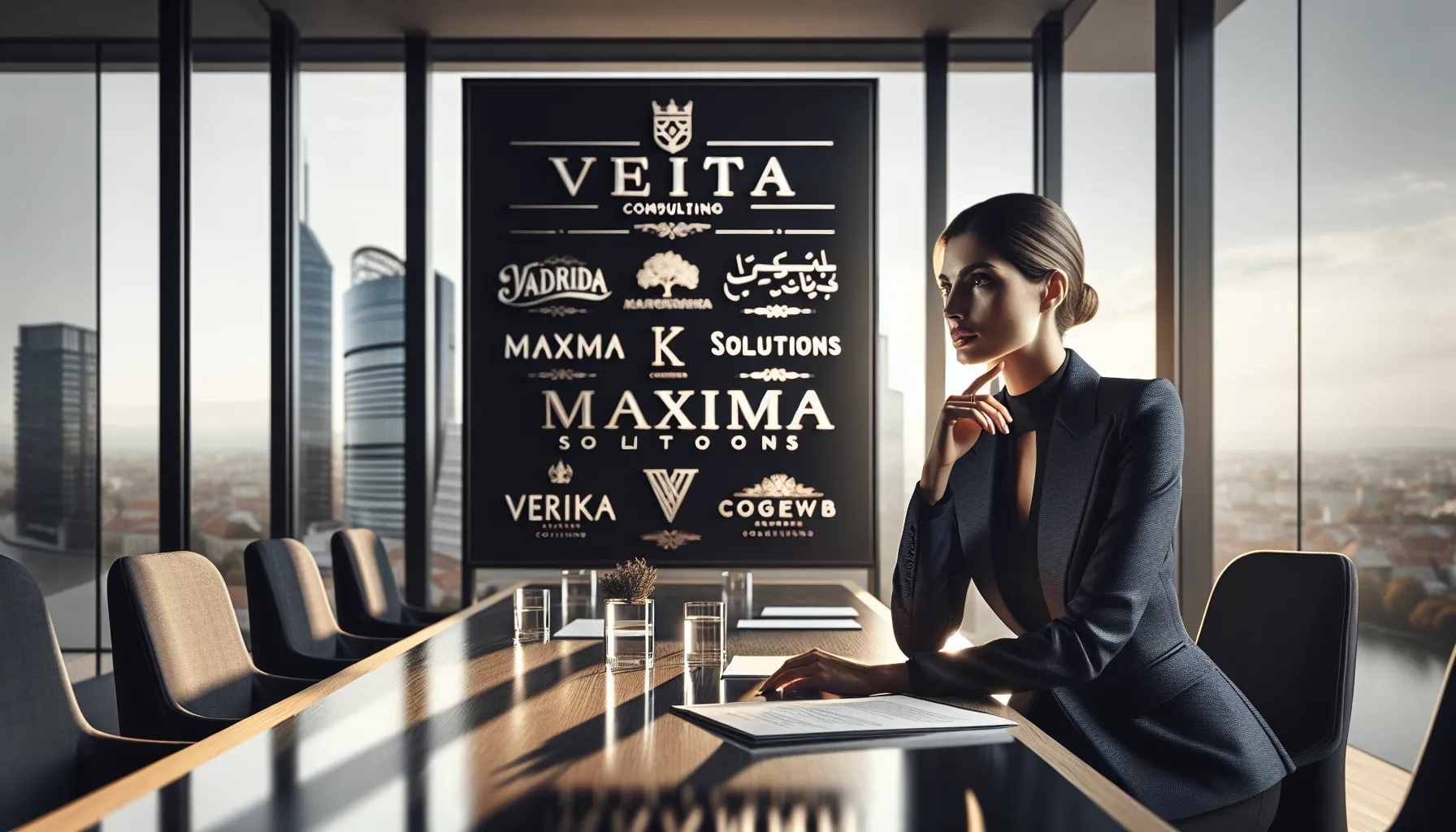 Professional reviewing Latin company names on presentation board in modern office