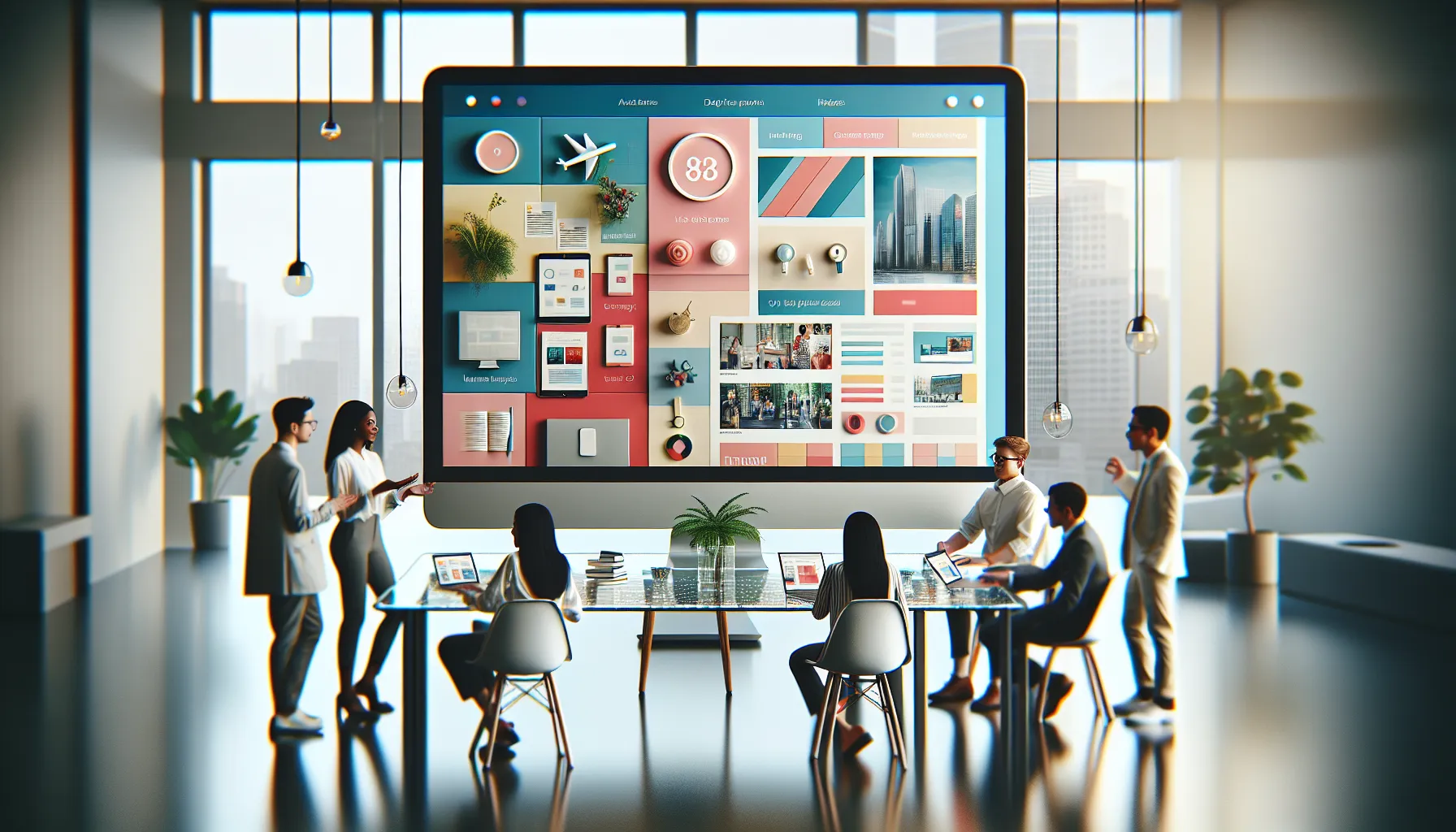 professionals discussing a vibrant digital interface in a modern workspace.