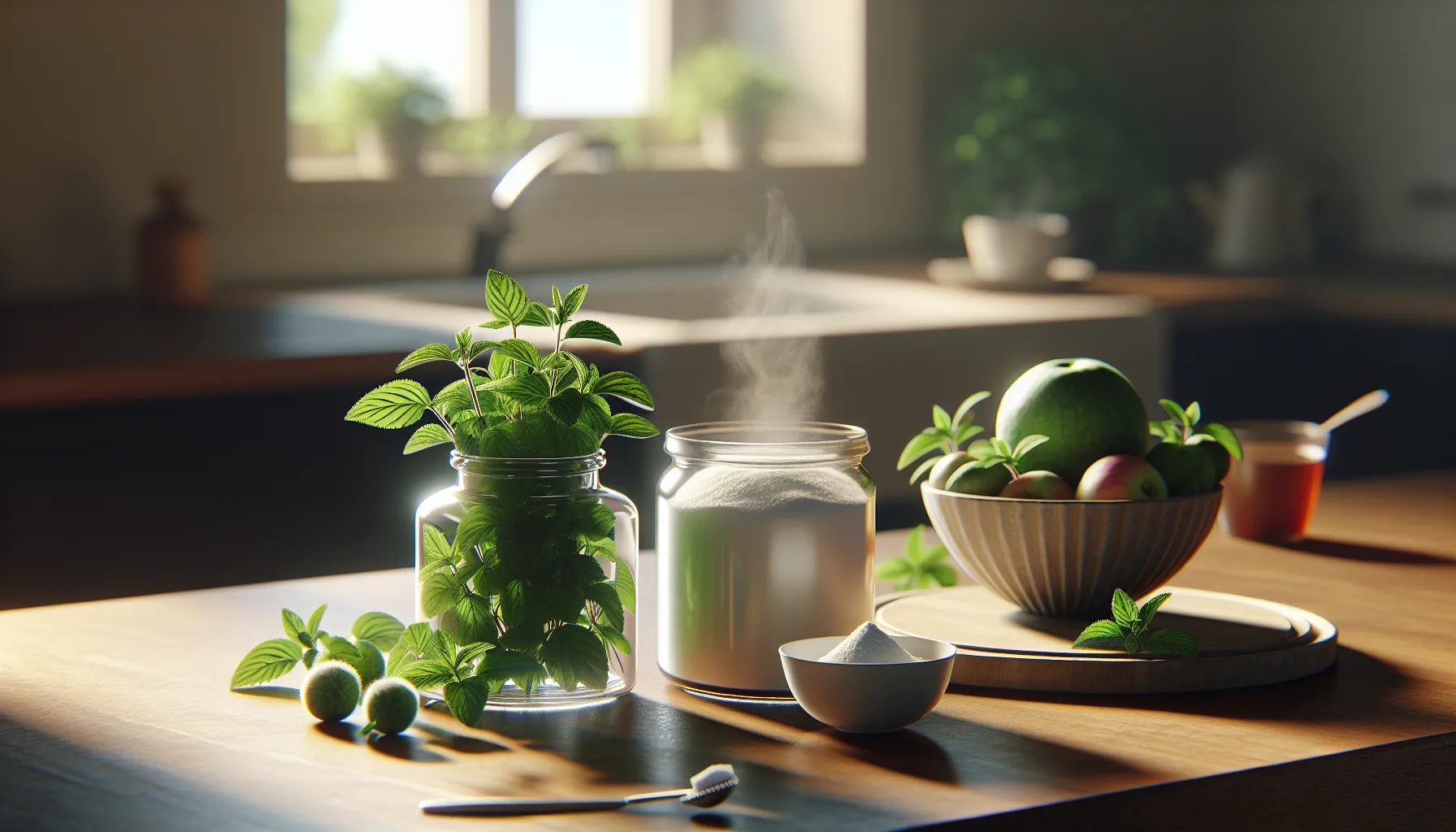 A jar of fresh green stevia leaves and powdered sweetener in a cozy kitchen.