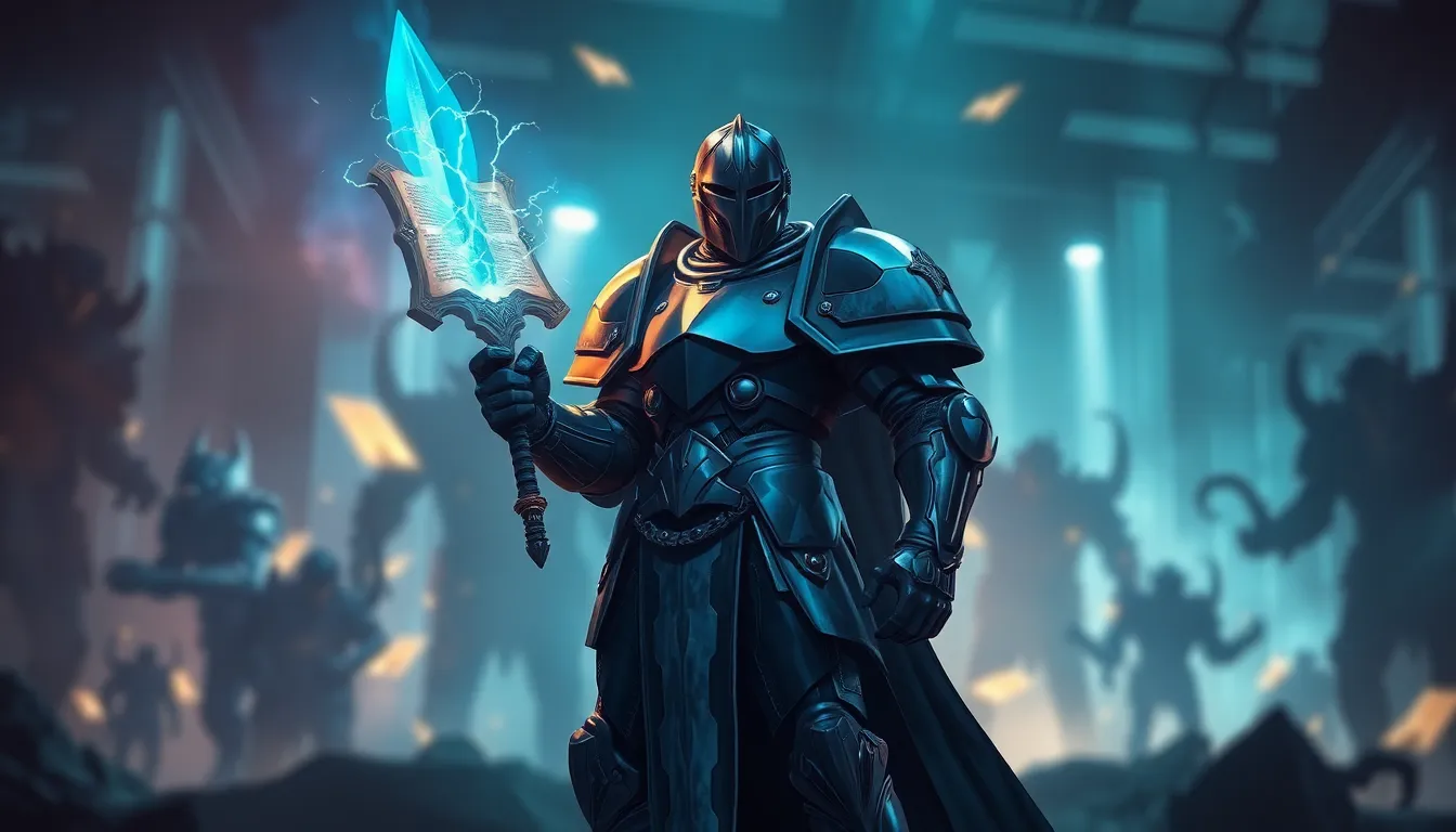 Grey Knights Daemonhunter in a high-tech battlefield environment.