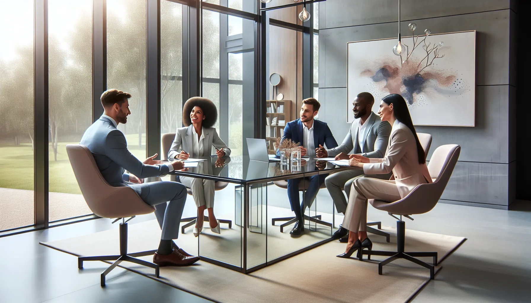 diverse professionals discussing mental health in a modern office setting.