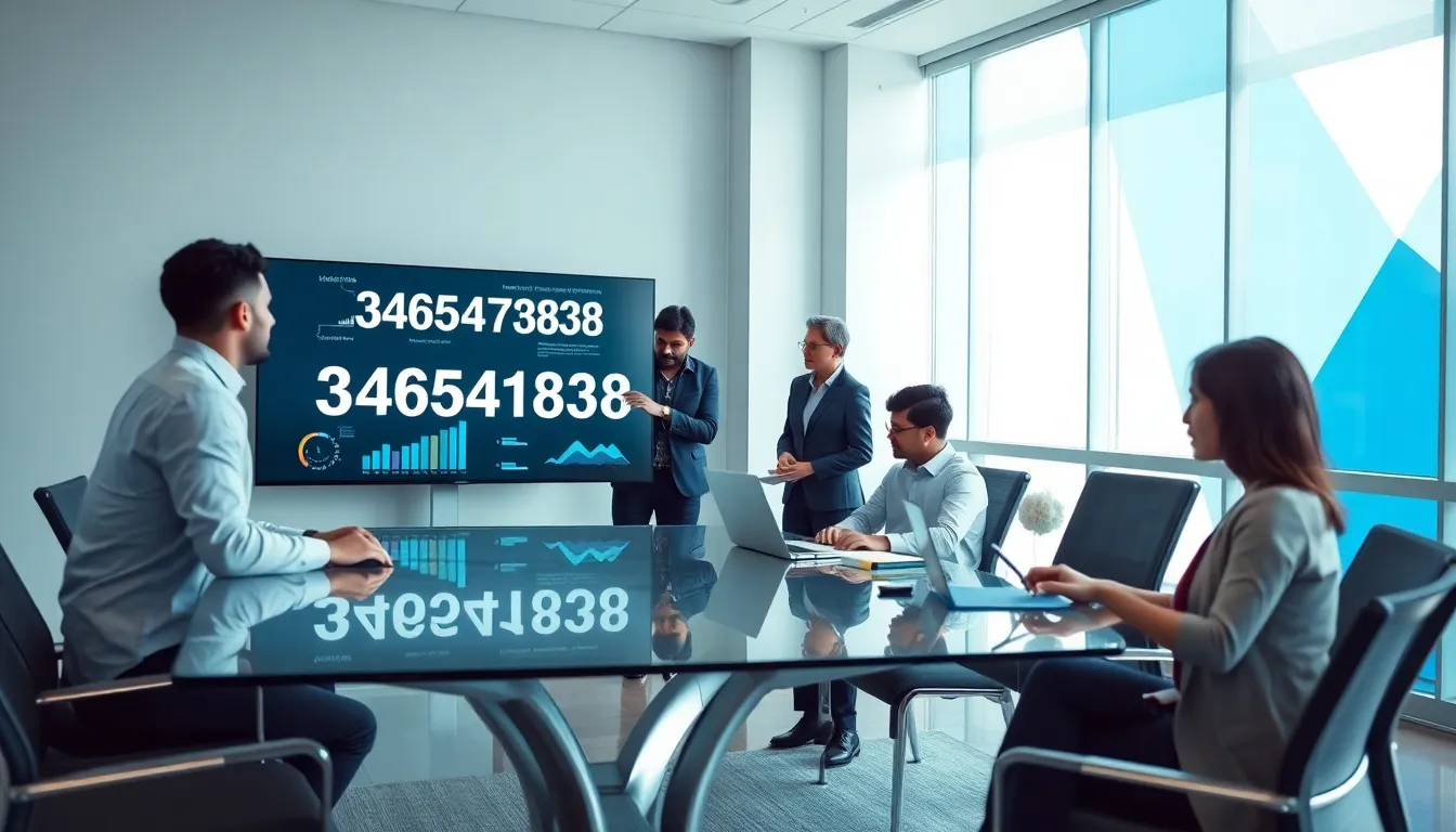 diverse professionals discussing the significance of a number in a modern office.