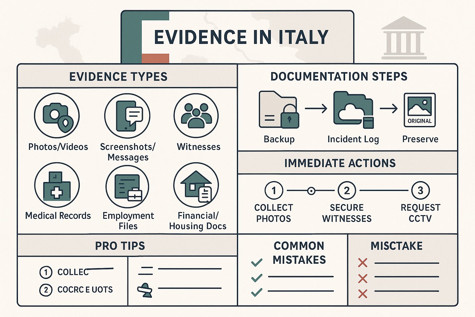 Infografica che mostra come raccogliere e conservare le prove di discriminazione in Italia.