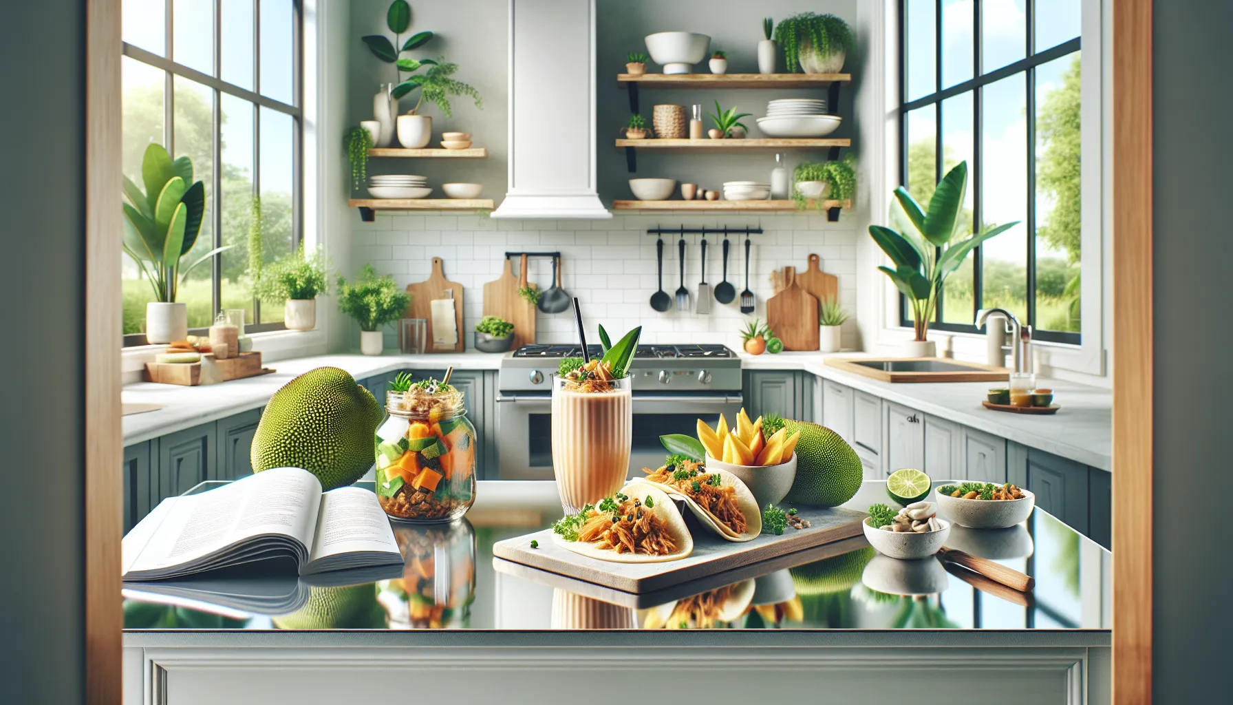 Various dishes featuring jackfruit in a modern kitchen setting.