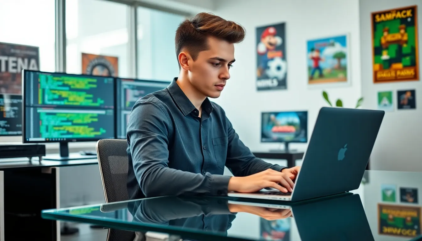 young tech professional coding in a modern workspace.