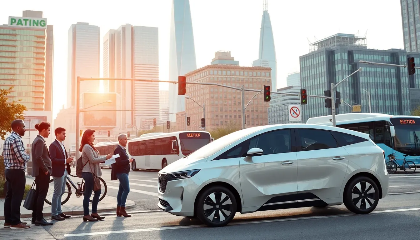 diverse professionals discussing transportation technology in a modern city.