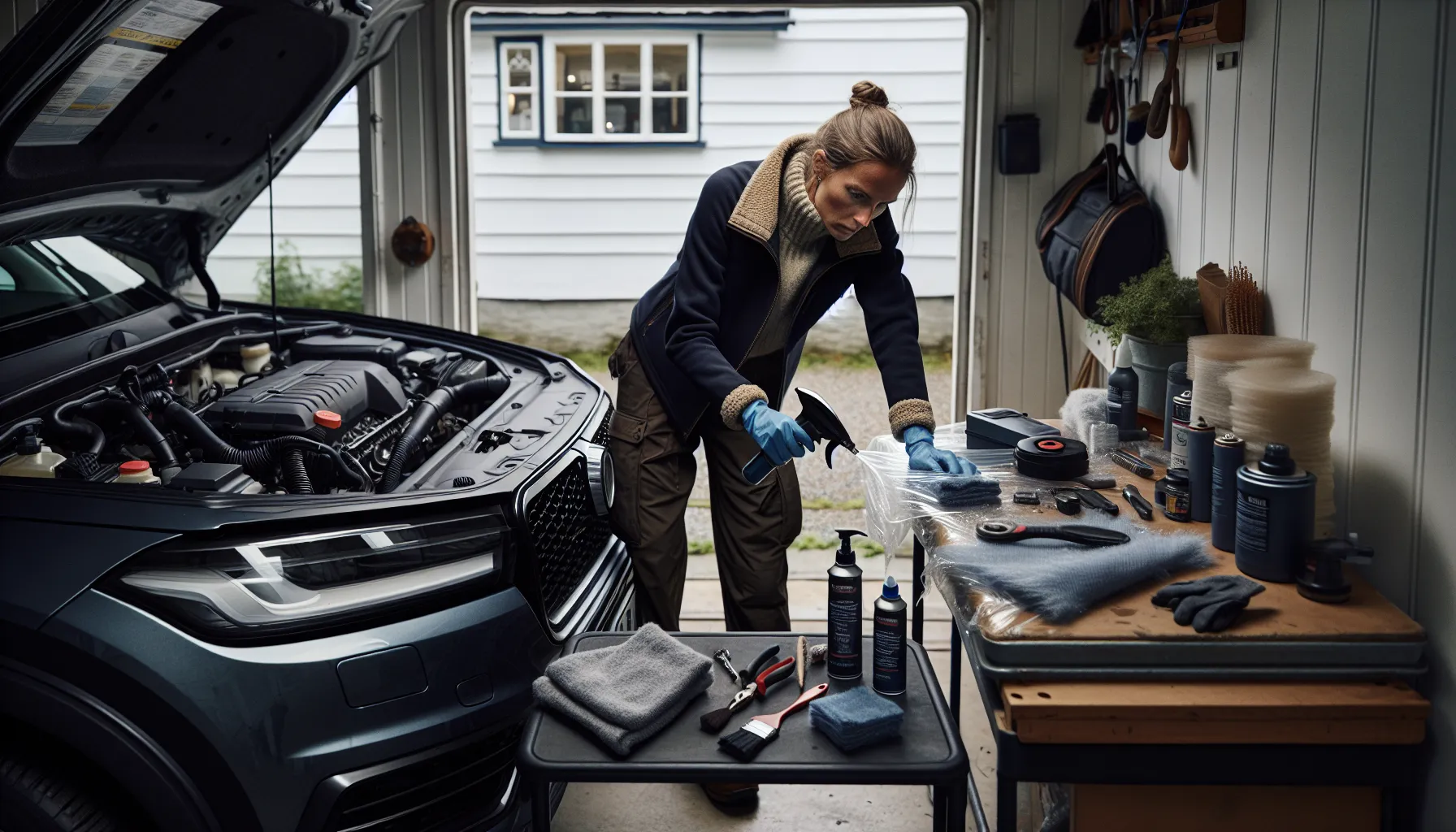 Slik rengjør du bilens motor trygt 2 Woman safely prepping a car engine bay with coverings and detailing tools.