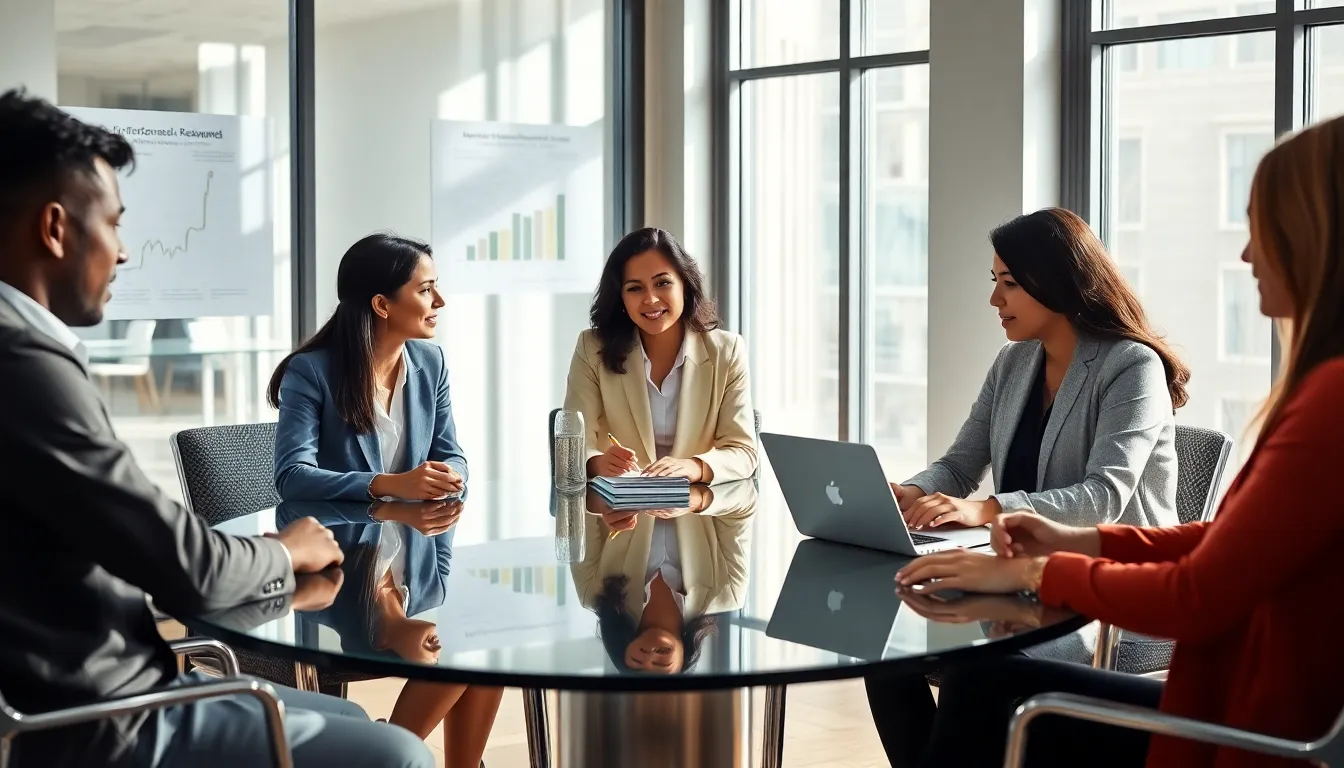 diverse group discussing career development in a modern office