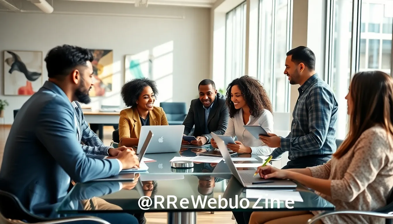 diverse professionals collaborating in a modern office setting.