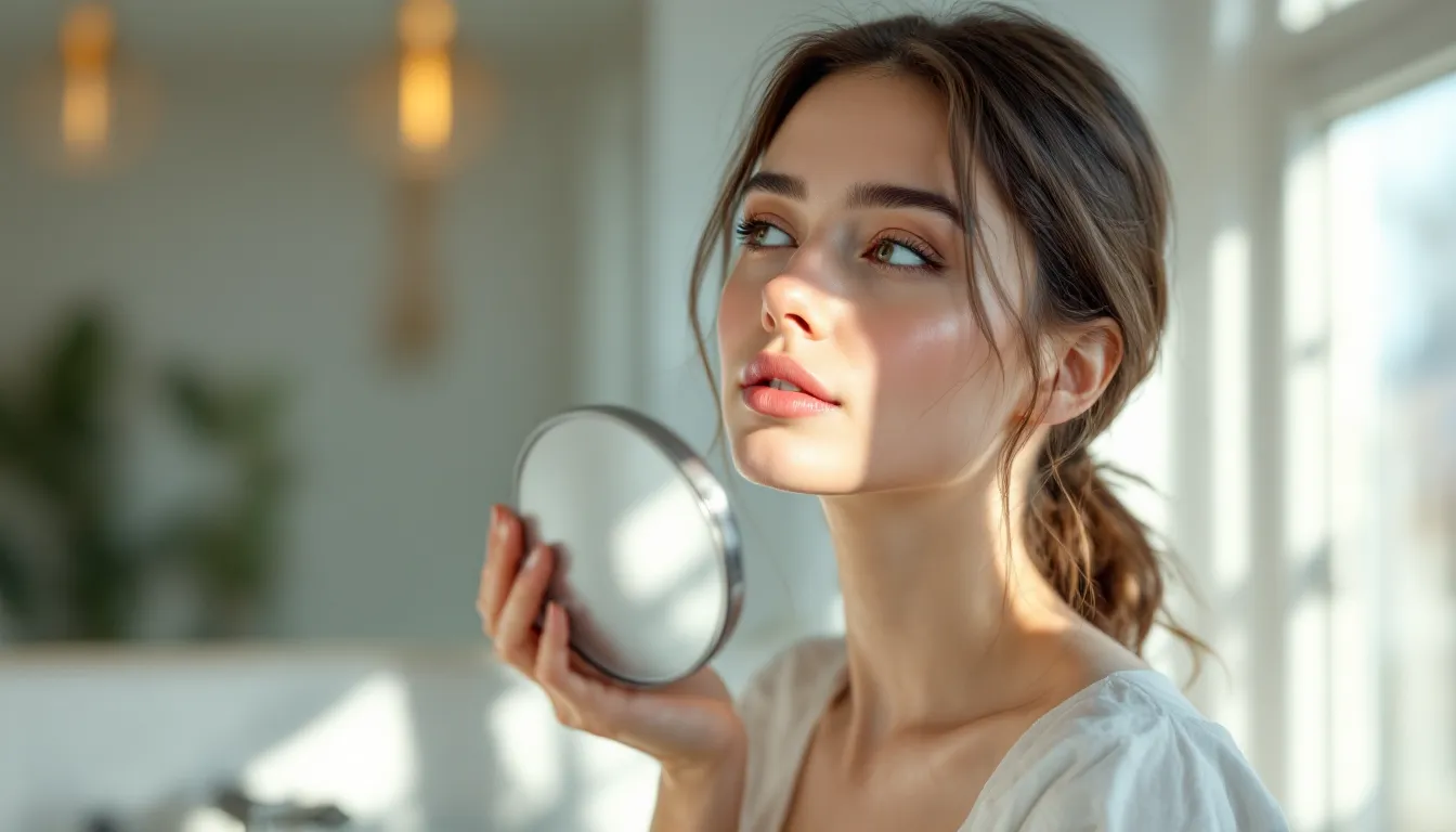 Woman examining her under-eye dark circles in natural light near a window.