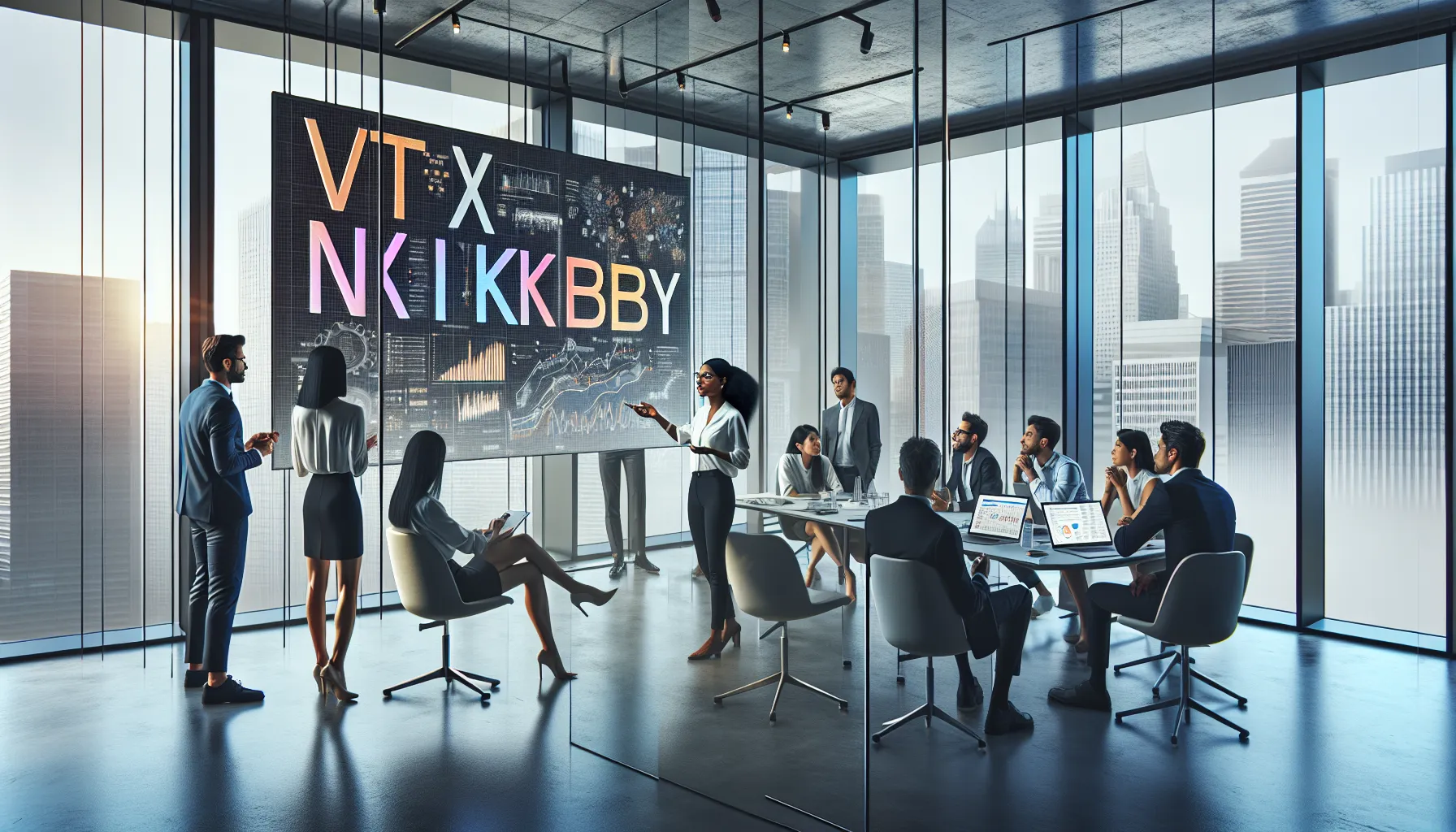 professionals brainstorming in a modern office around the term 'Vtxnfkkbjy'.