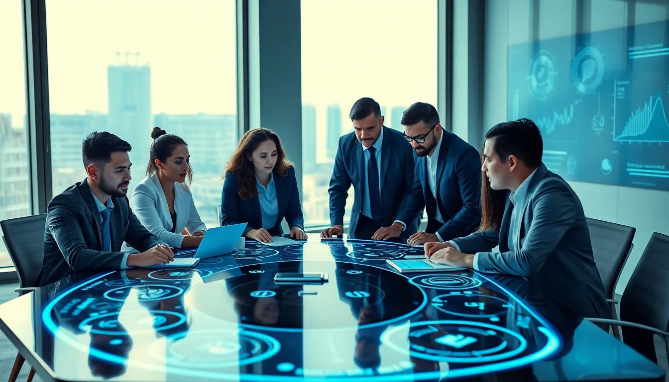 diverse team planning future predictions in a modern office setting.