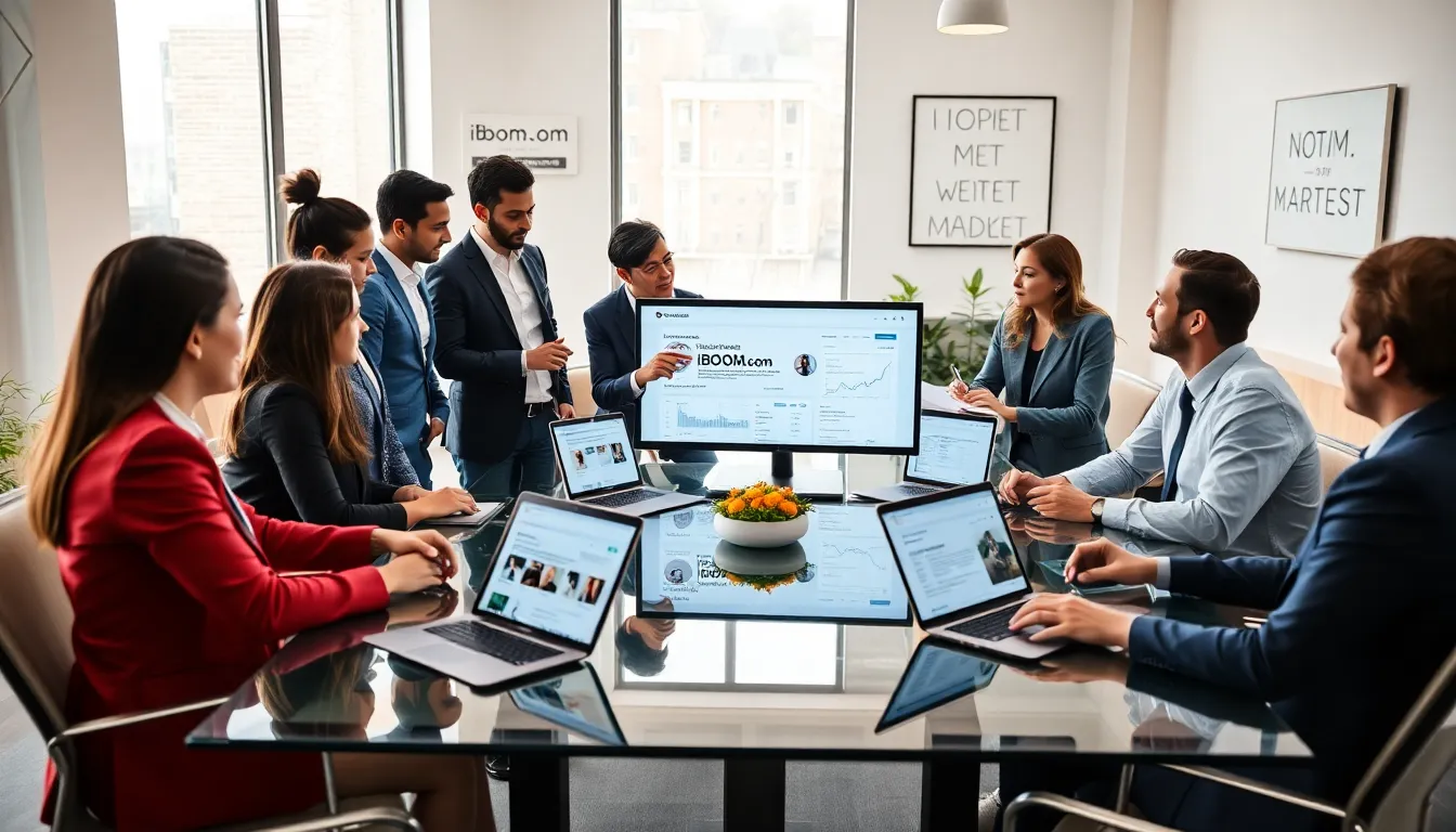 diverse team collaborating in a modern office setting on marketing strategies.