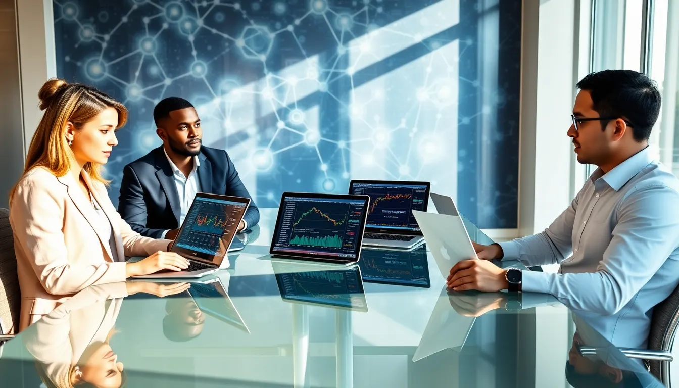 diverse team discussing altcoin wallets in a modern office.