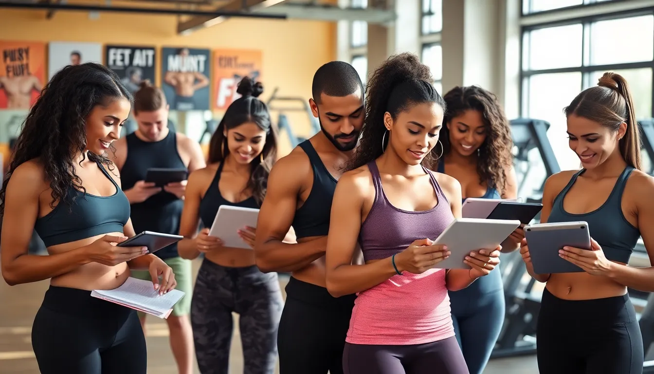 diverse individuals documenting their fitness journeys in a modern gym.
