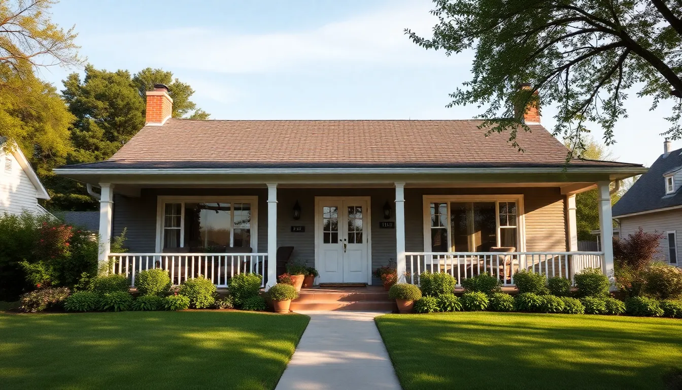 a ranch-style home with a wrap-around porch in a suburban neighborhood.