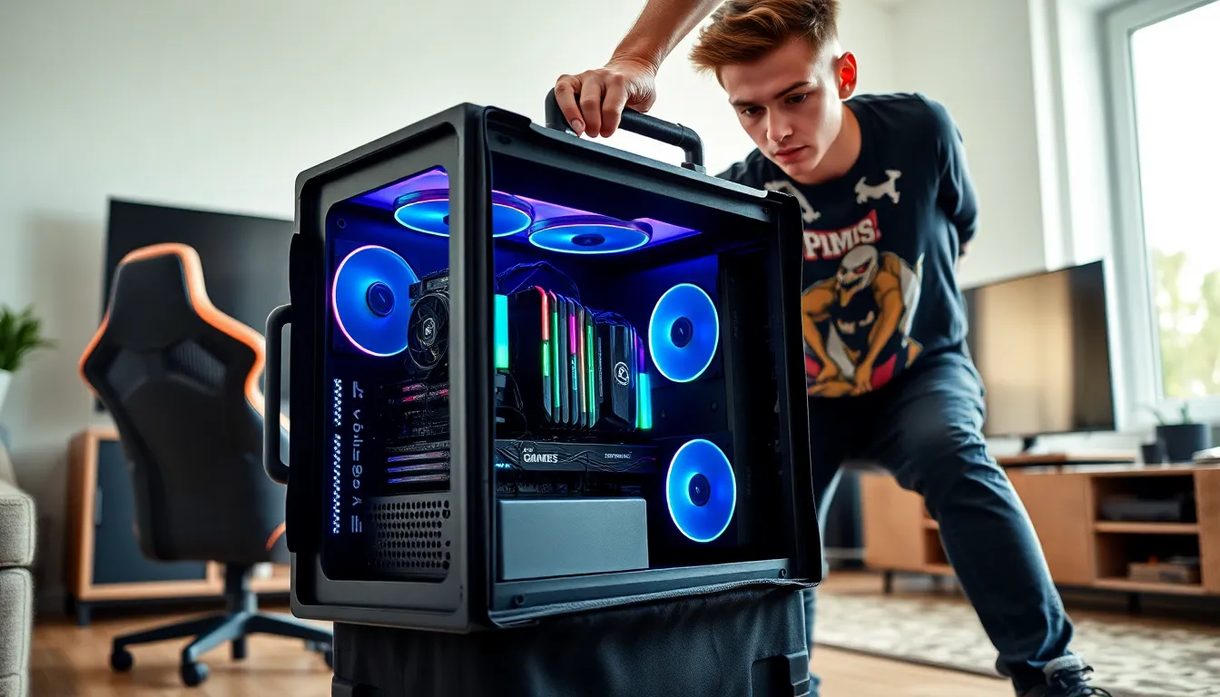 a gaming PC securely packed in a transport case, ready for safe transport.