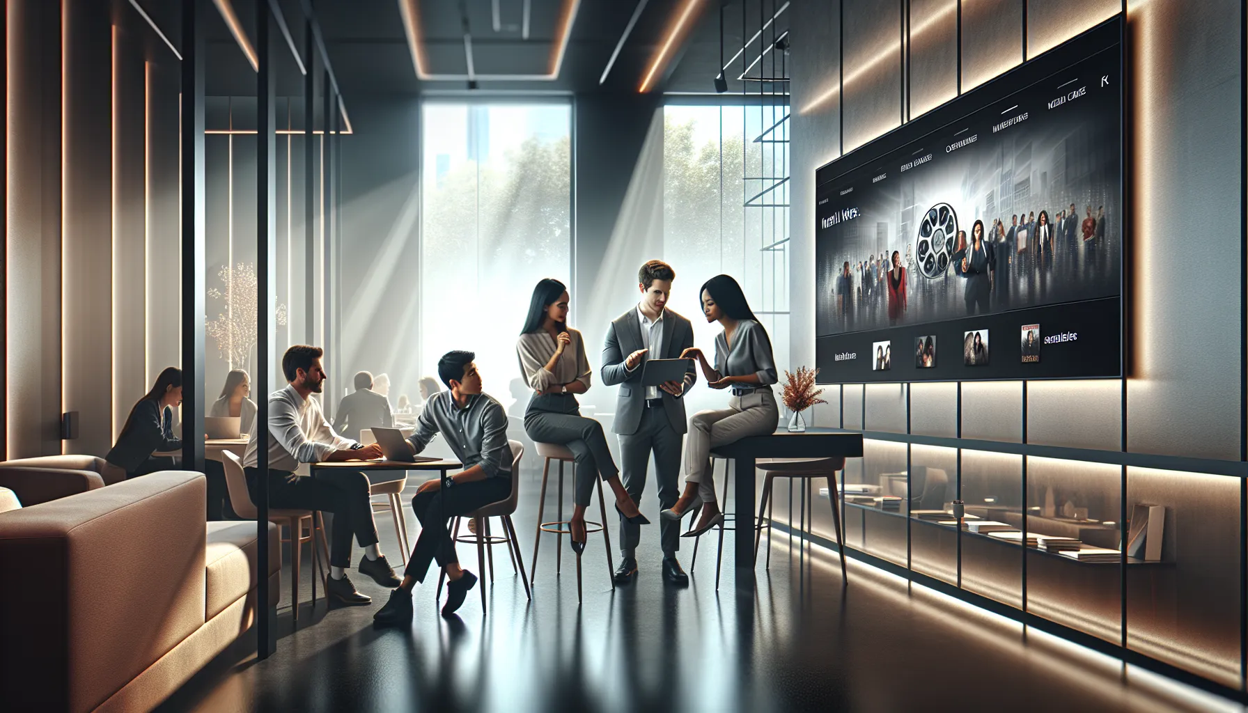 diverse professionals discussing film content in a modern office.