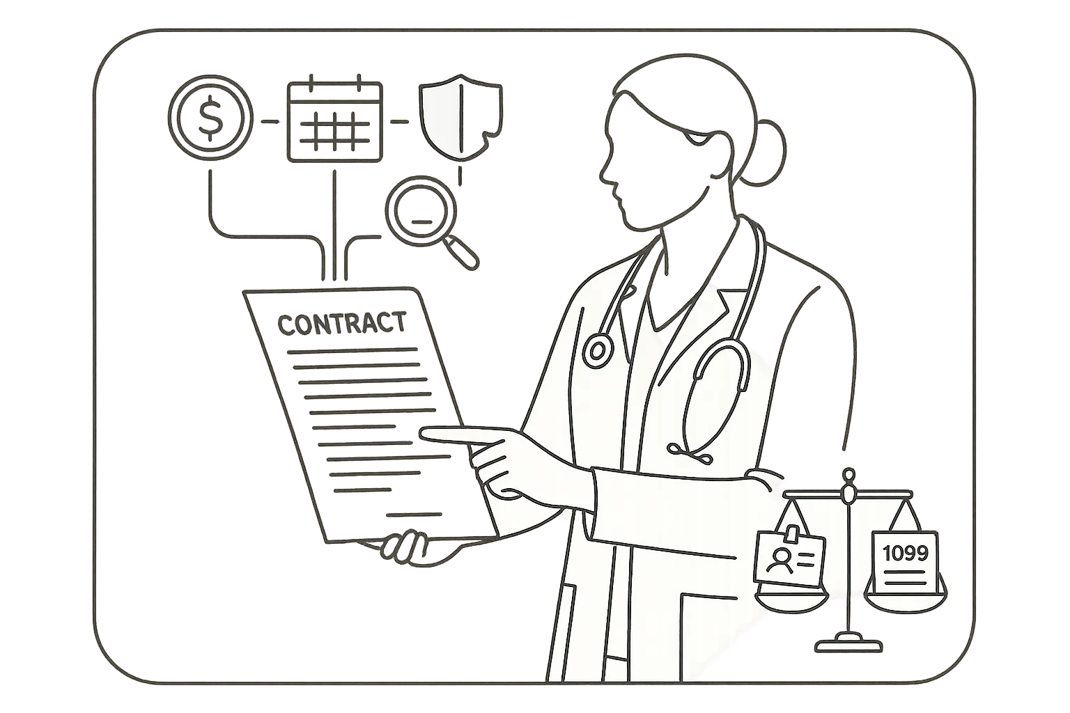 PA reviewing a contract with icons for pay, schedule, liability, and reconciliation.