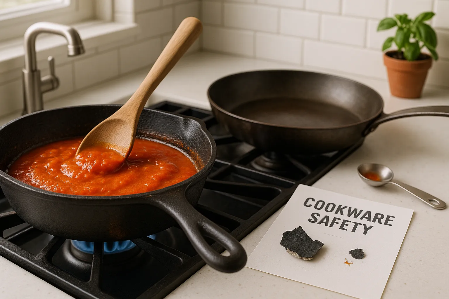hand stirring tomato sauce in cast-iron pan showing rust and chipped coating nearby