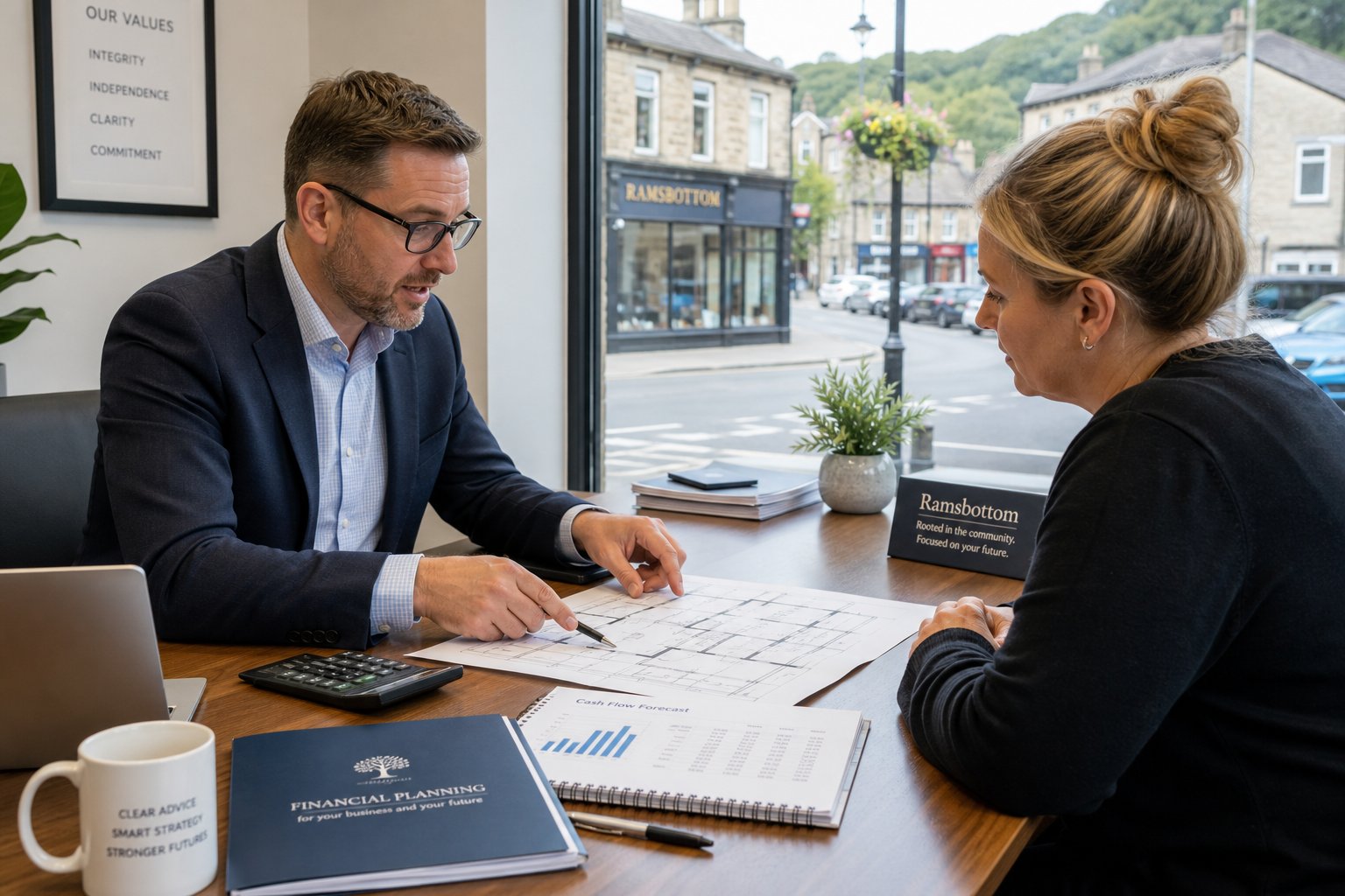Business owner and adviser reviewing commercial property finance documents in a bright office with a local town view.