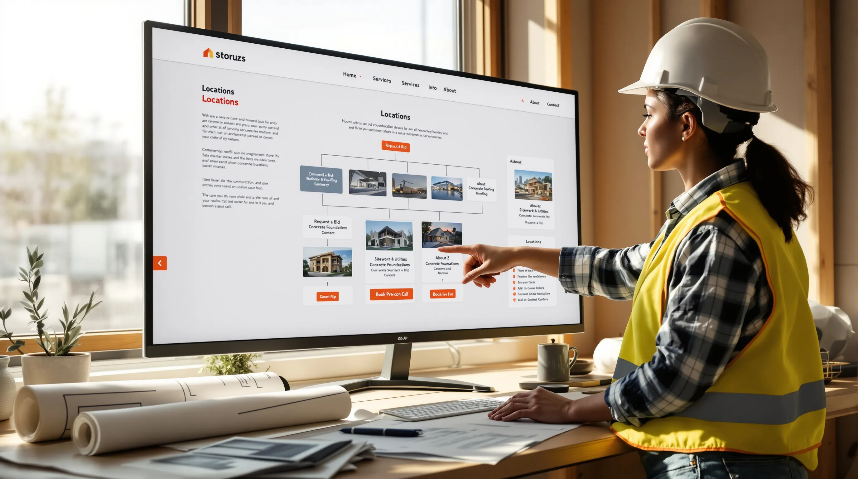 Project manager reviews construction website sitemap in a job trailer.