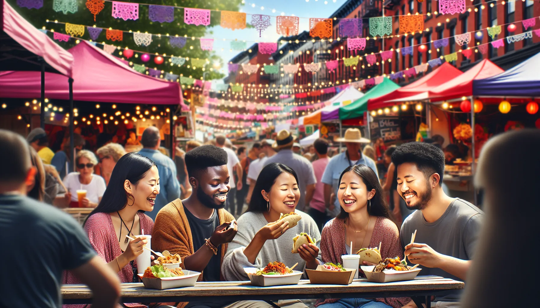 Diverse group enjoying food at a vibrant Brooklyn food festival.
