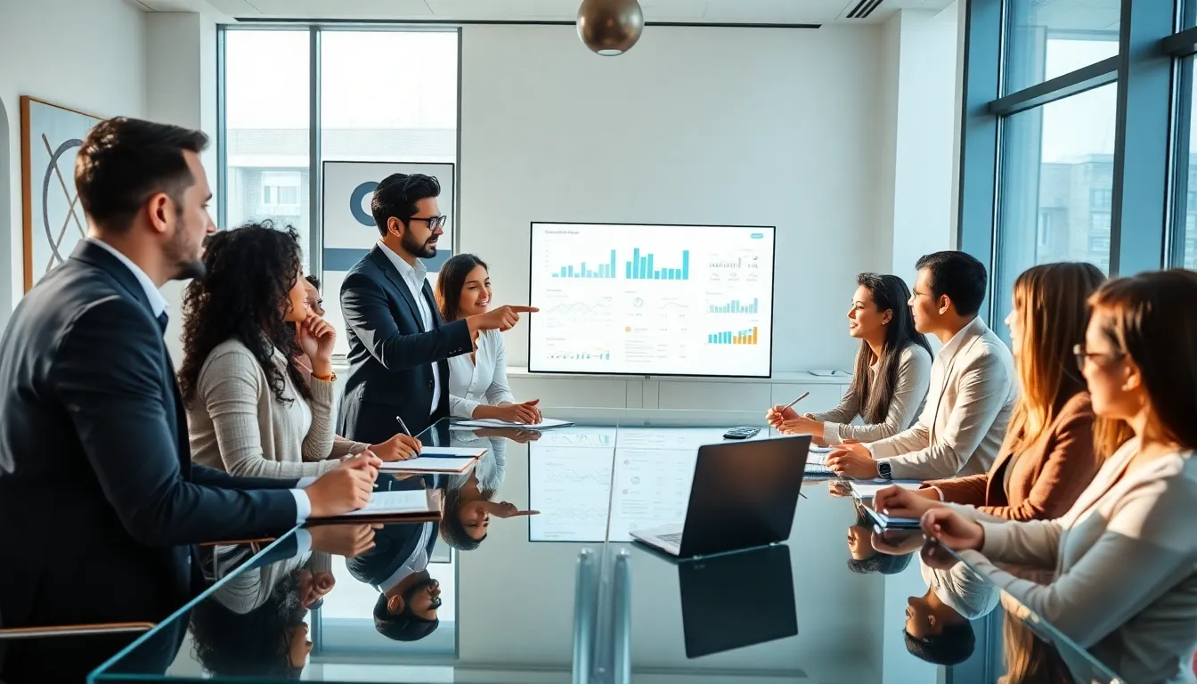 diverse team collaborating in a modern office around a digital display.