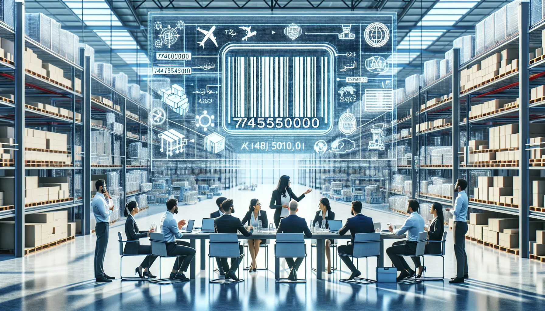 team discussing UPC 7440540000 in a modern logistics workspace.