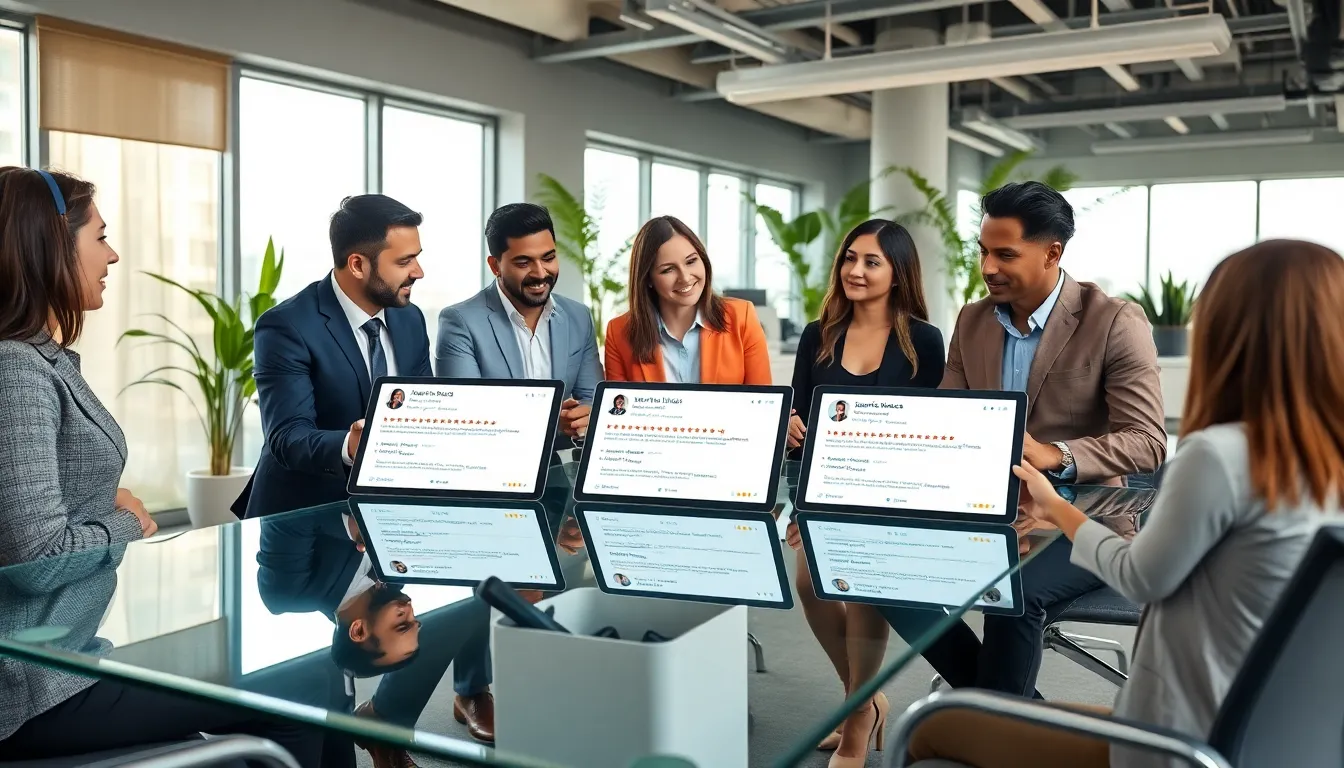 team discussing customer reviews in a modern office setting.