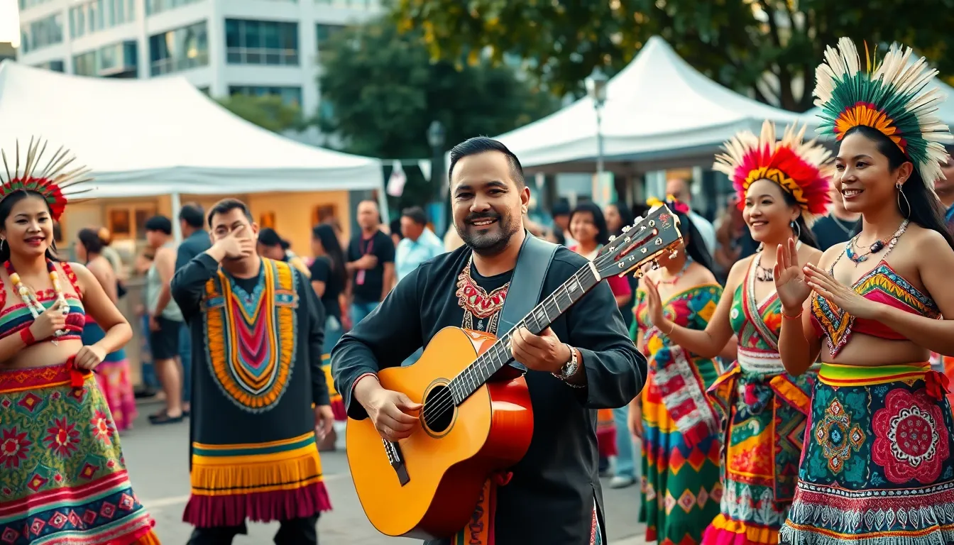 Diverse performers celebrating Dochidochico at a vibrant cultural festival.