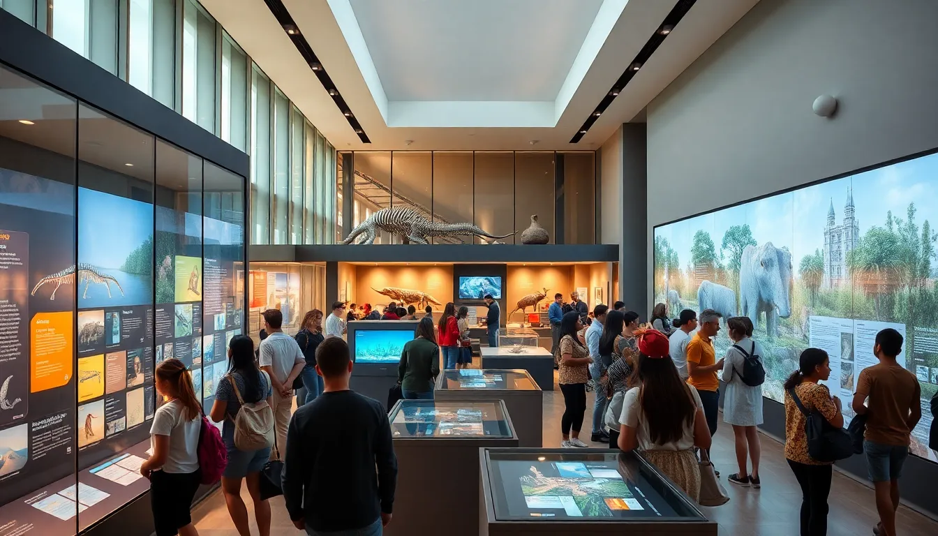 interior of a life science museum with diverse visitors exploring exhibits.