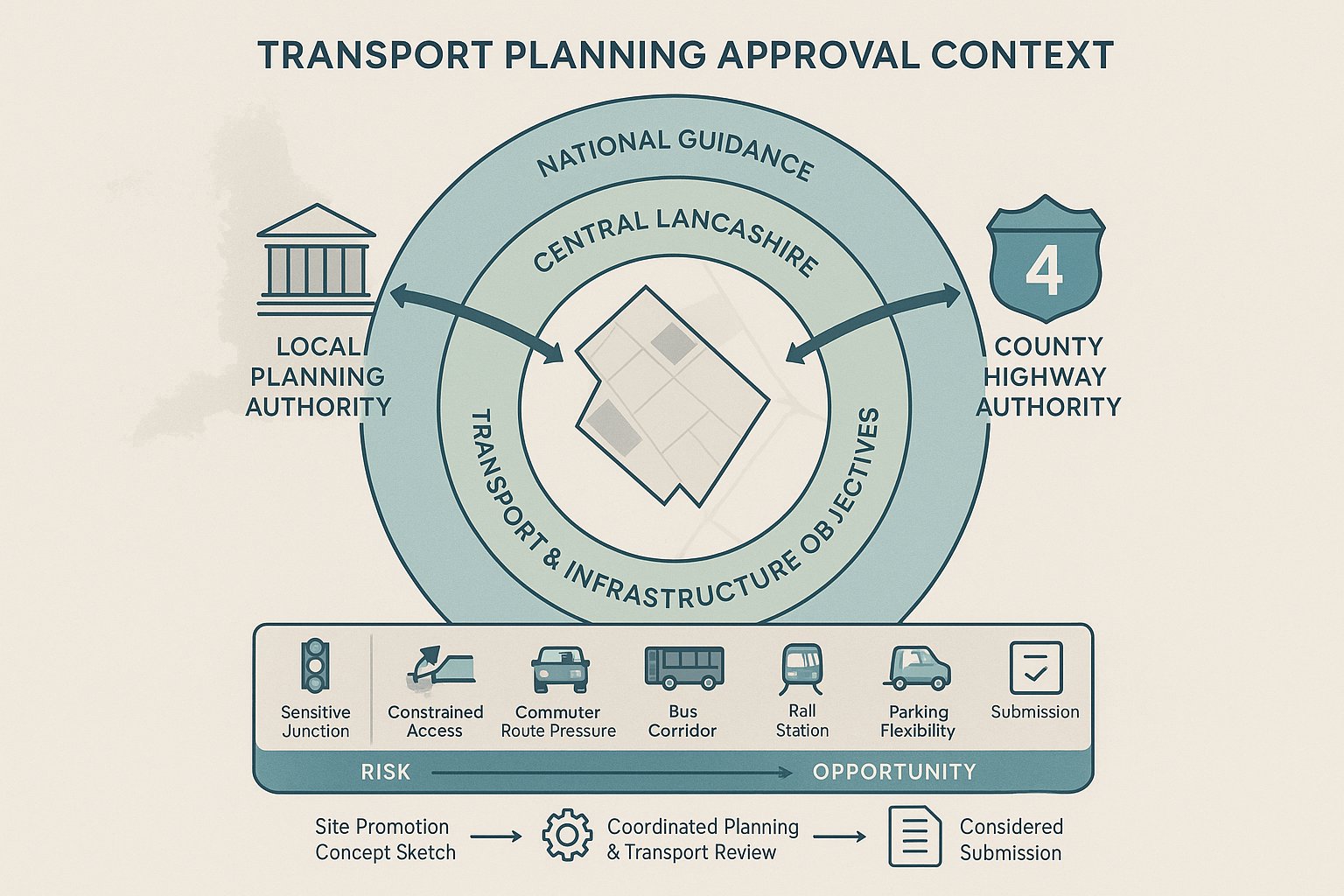Infographic of Preston transport planning roles, policy layers, and site review factors.