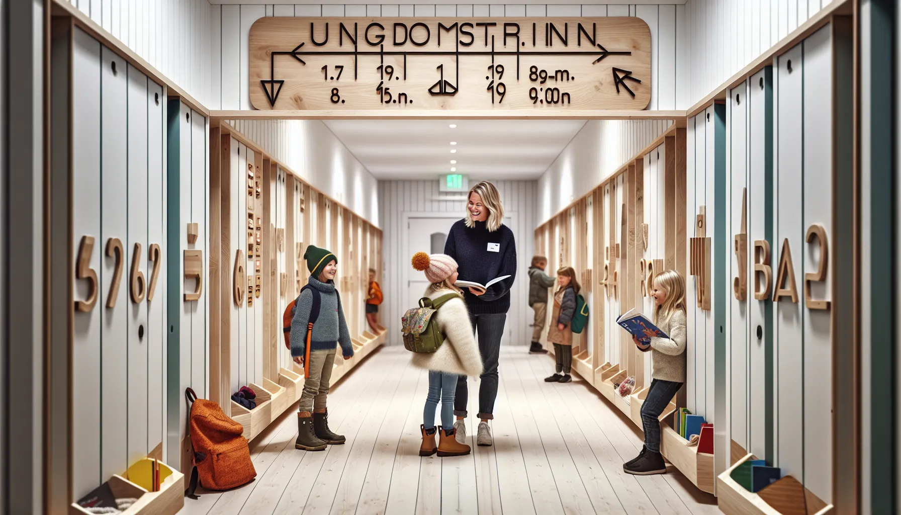 Norwegian school corridor dividing 1–7 and 8–10 grades with students moving.