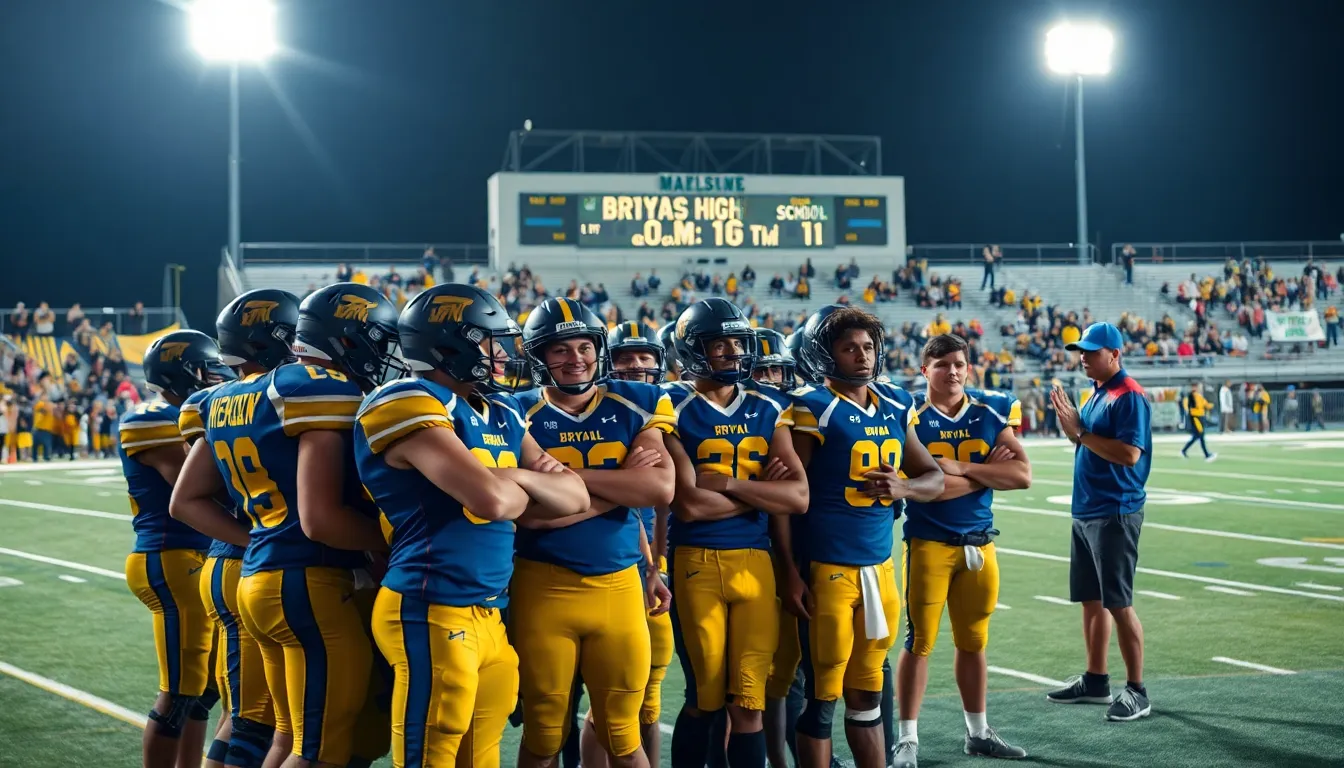 Bryan High School football players huddled together at a night game.