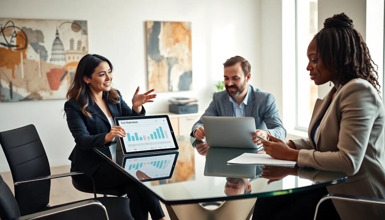 diverse real estate agents discussing tax deductions in a modern office.