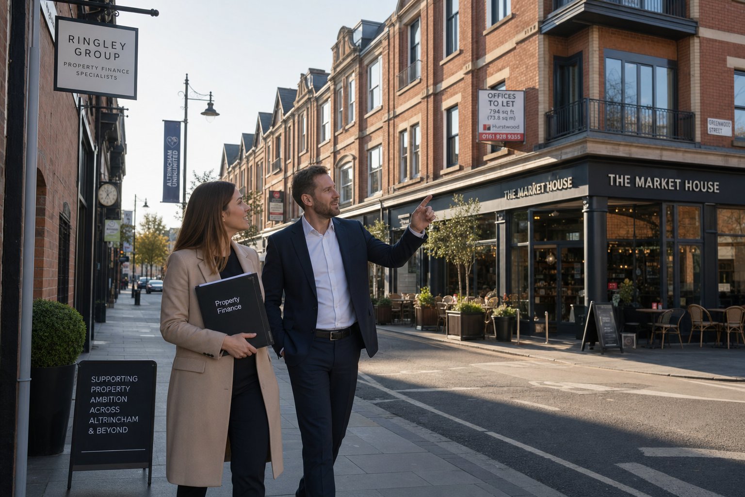 Commercial mortgage consultation taking place outdoors near a commercial property in Altrincham.