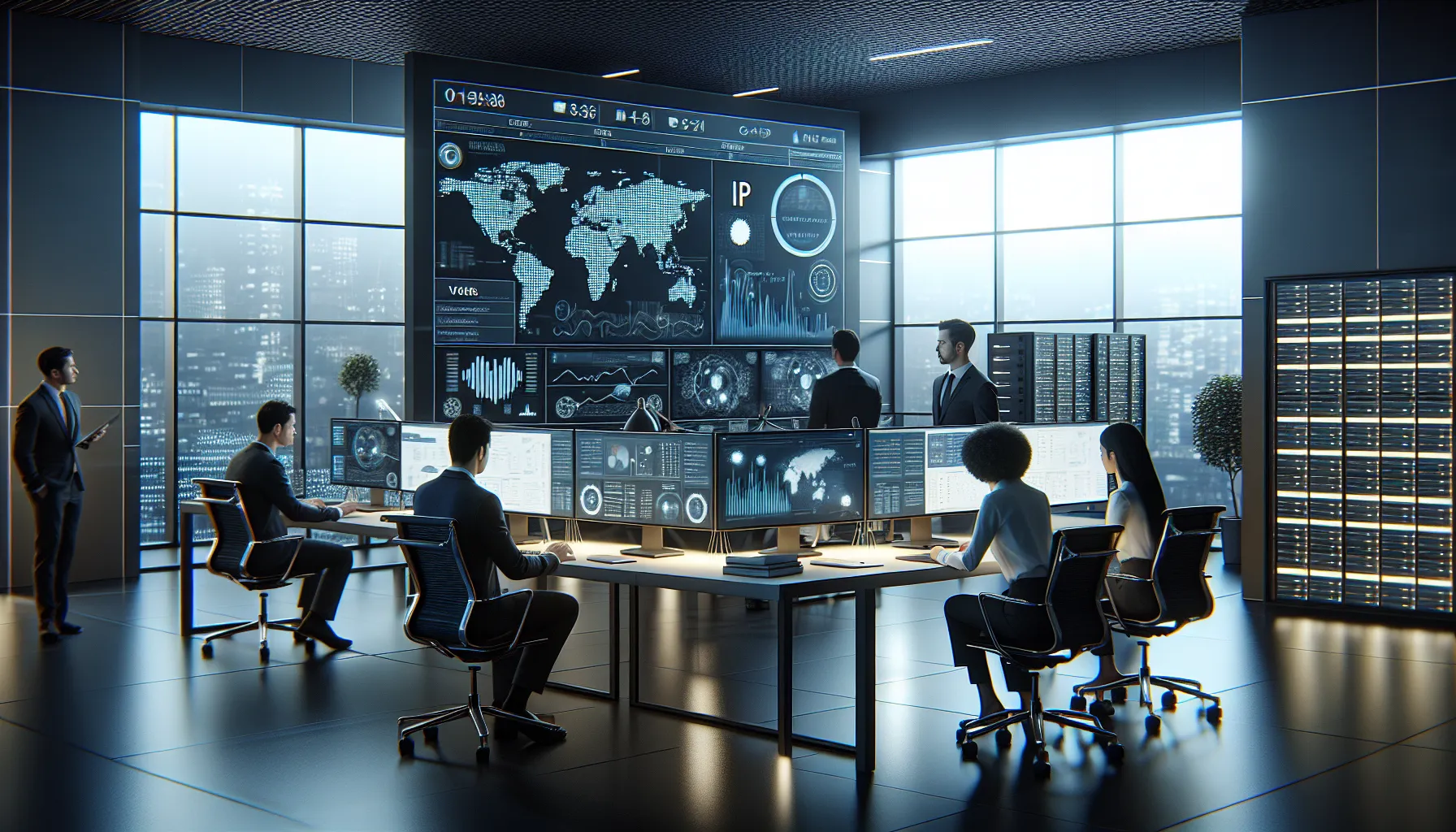 cybersecurity team analyzing IP addresses in a modern office.