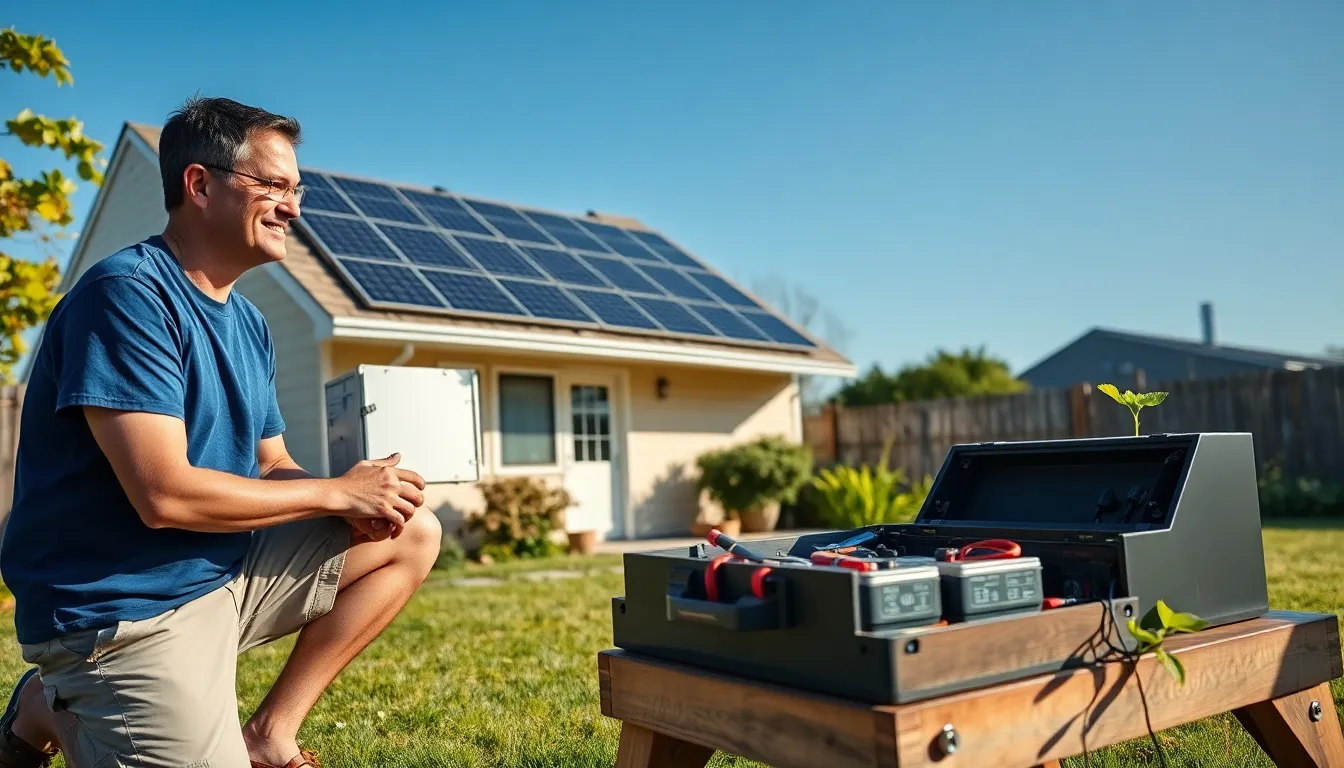 A man working on a DIY solar energy system in his backyard.