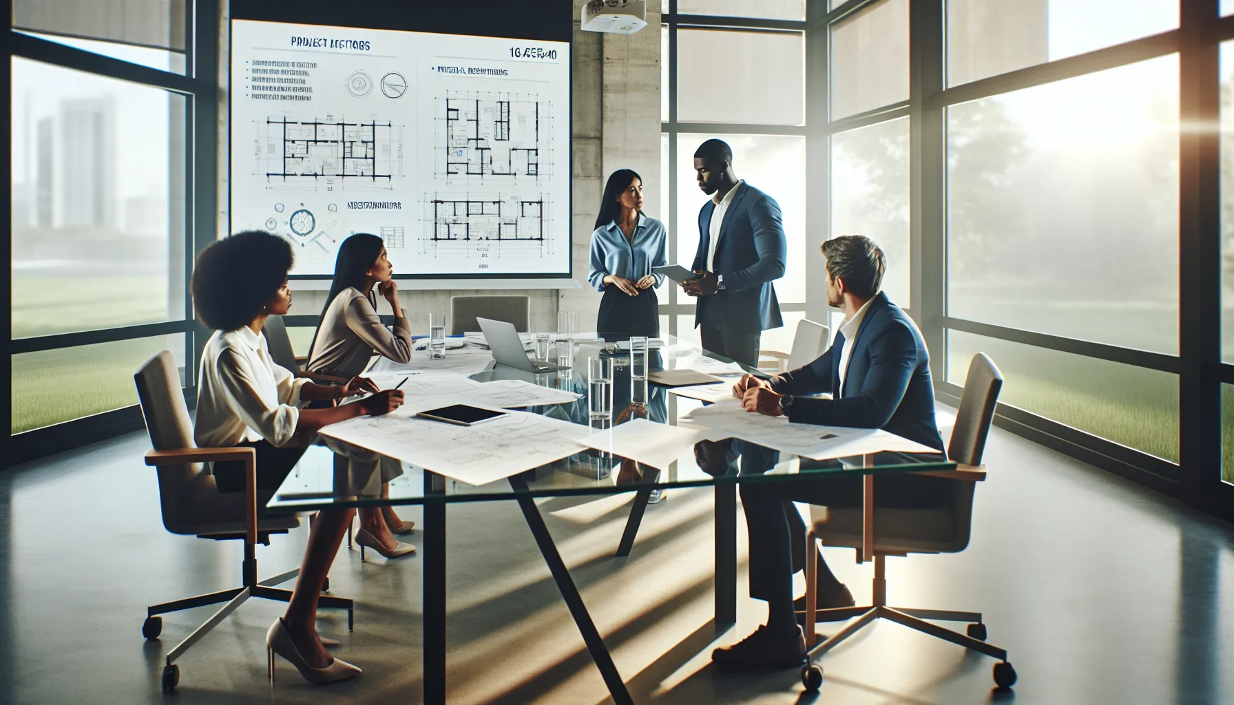 diverse team discussing specifications in a modern office.