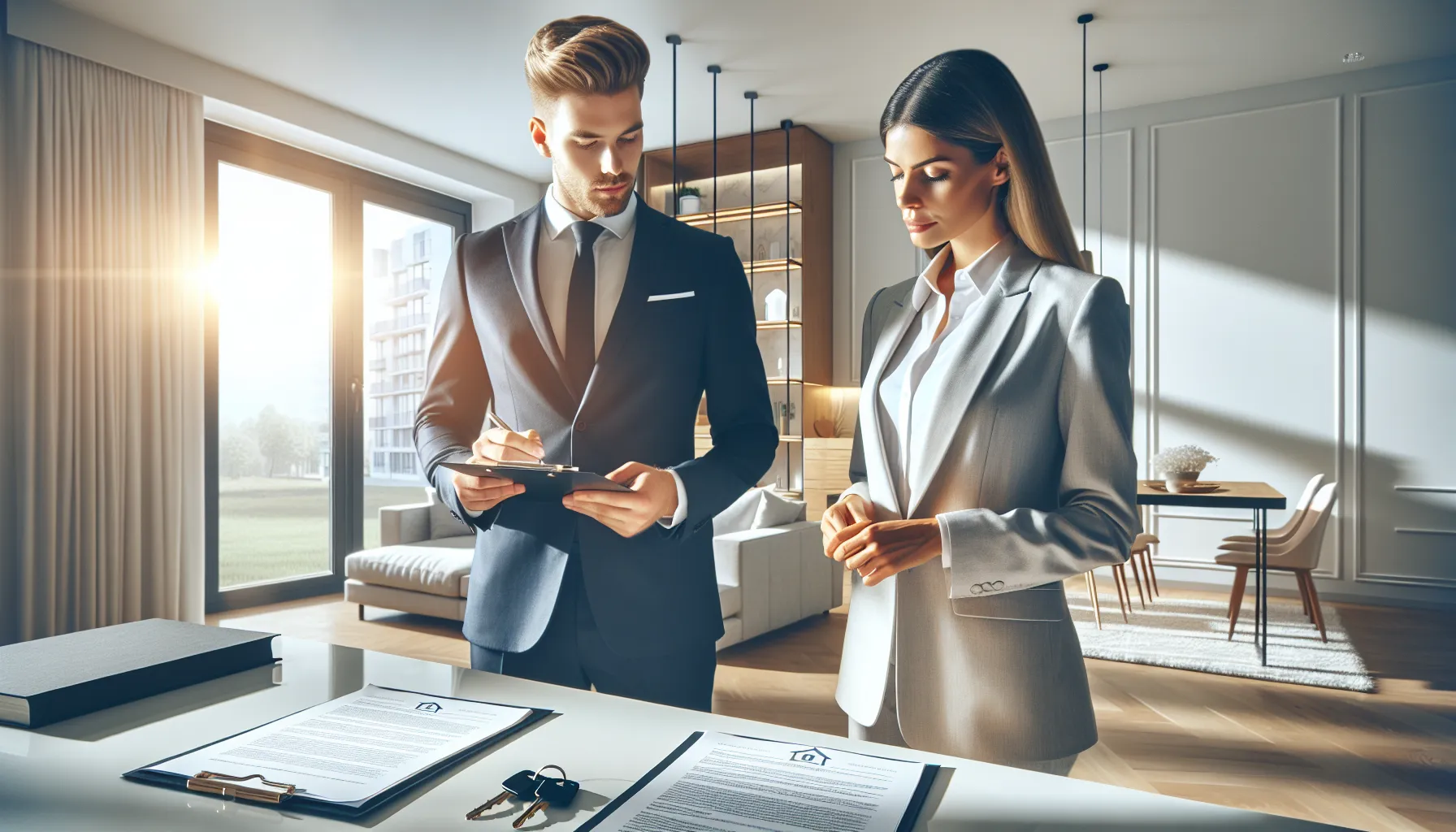 Two professionals reviewing property handover documents in a modern apartment with keys on table.
