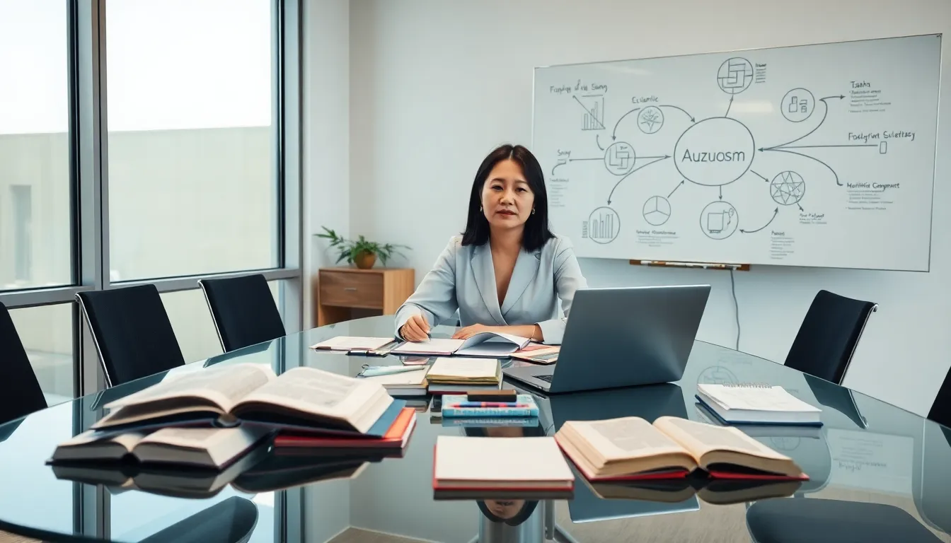 Scholar studying the concept of Auzuosm in a modern office.