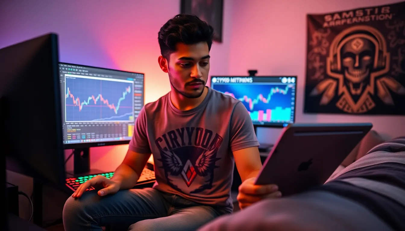 a young man examining cryptocurrency exchange platforms on dual screens.