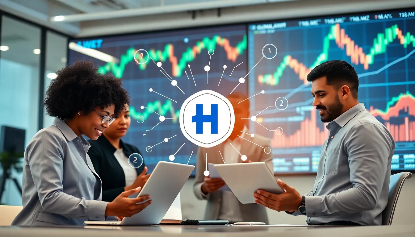 professionals discussing cryptocurrency in a modern office.