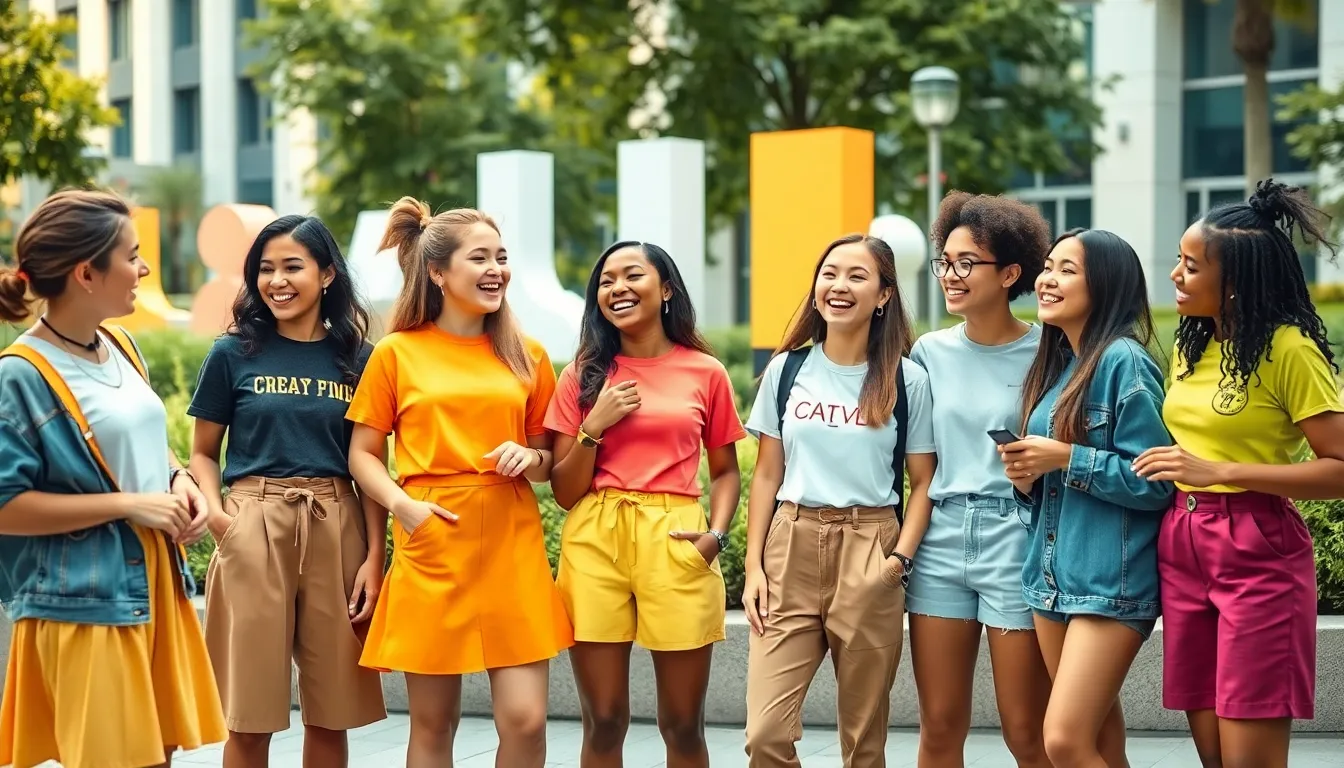 diverse group of young adults showcasing playful fashion in an urban park.