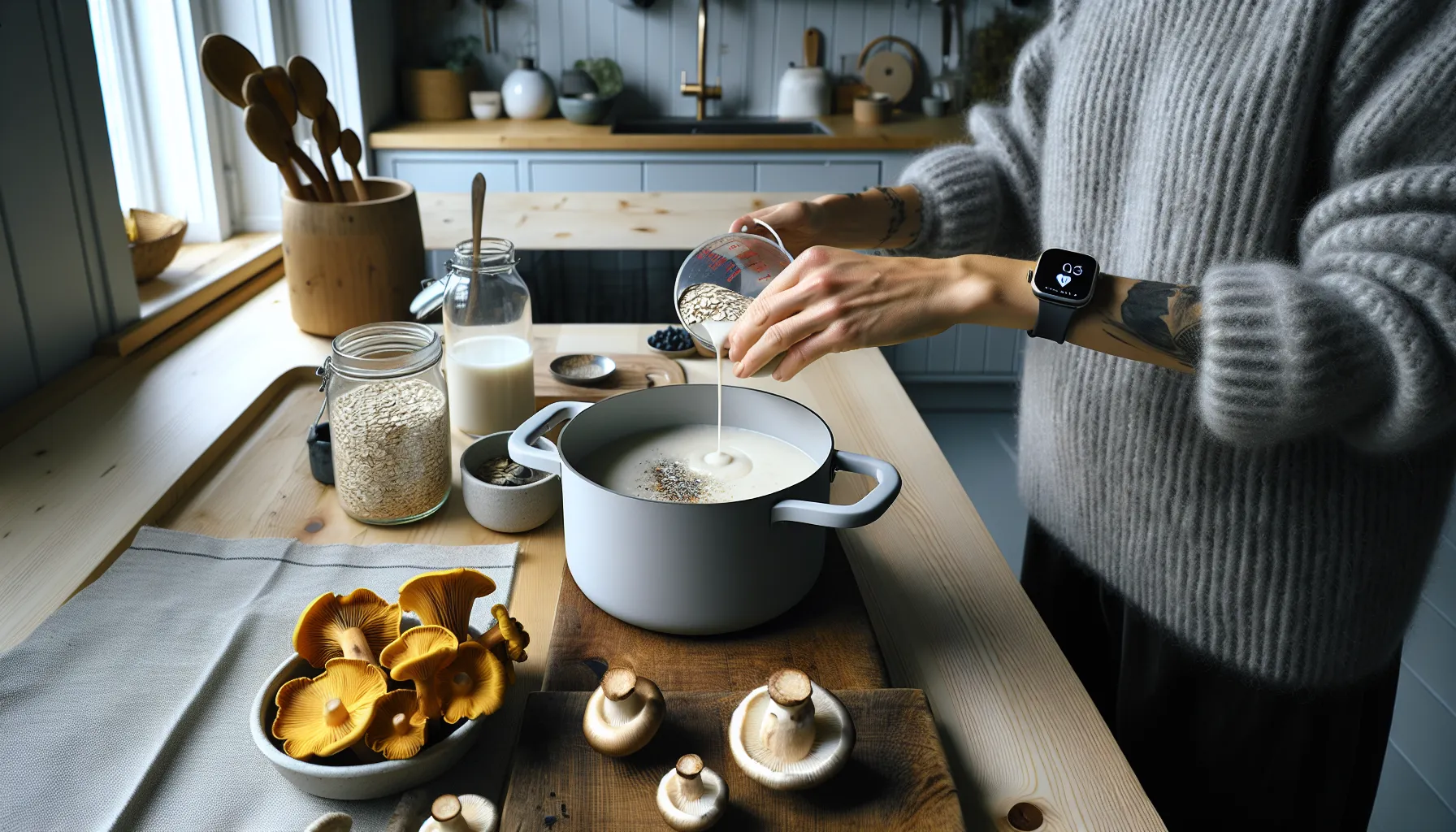 Norwegian adult cooking oat porridge with mushrooms in a sunlit nordic kitchen.