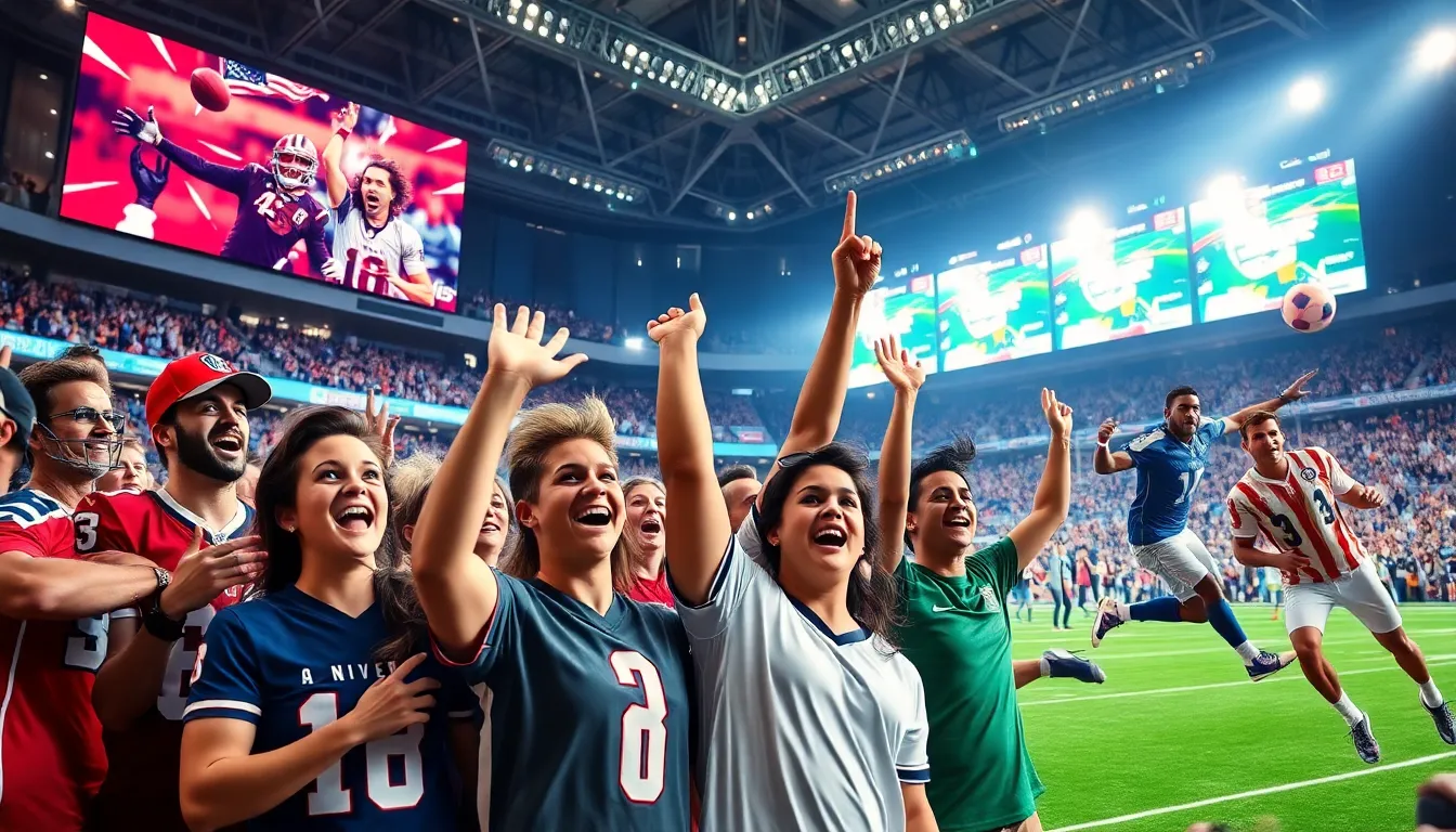 Fans cheering in a stadium during exciting sports events.