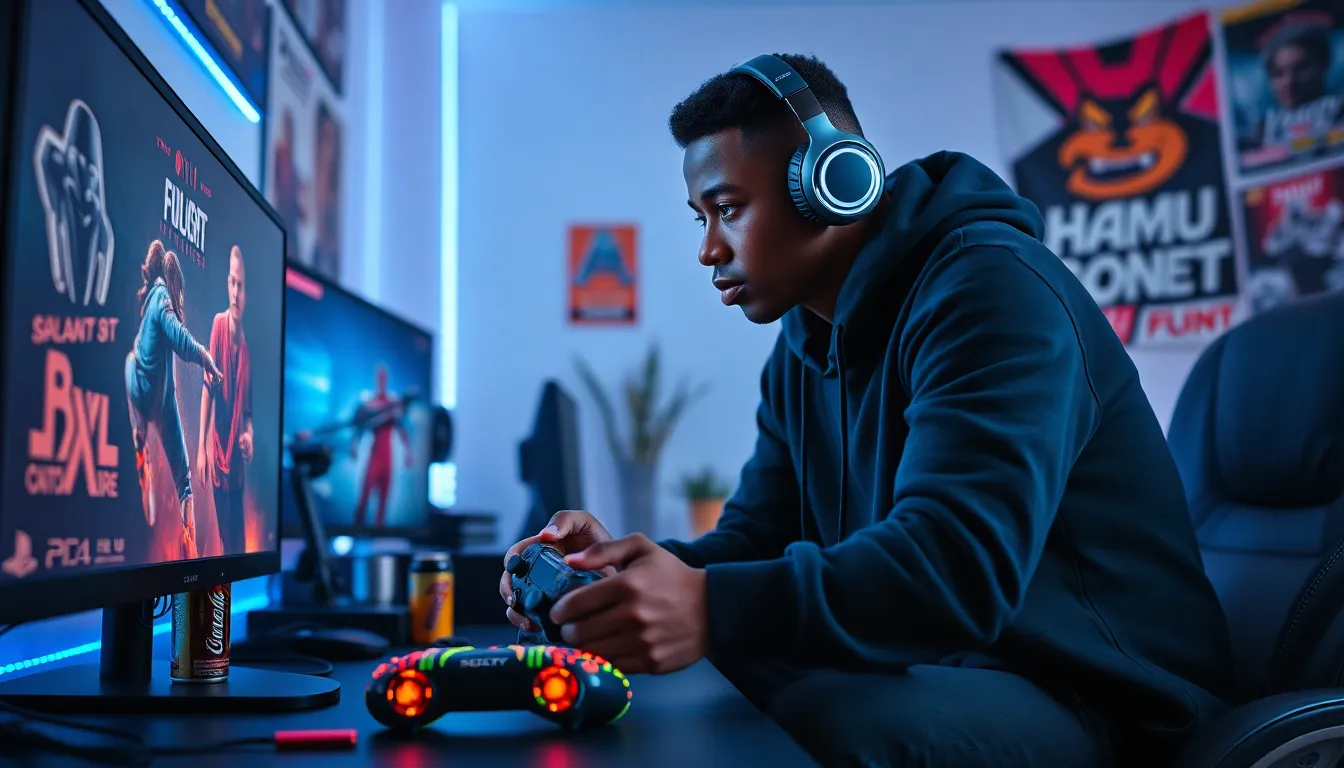 a young gamer using a PlayStation headset in a colorful gaming room.