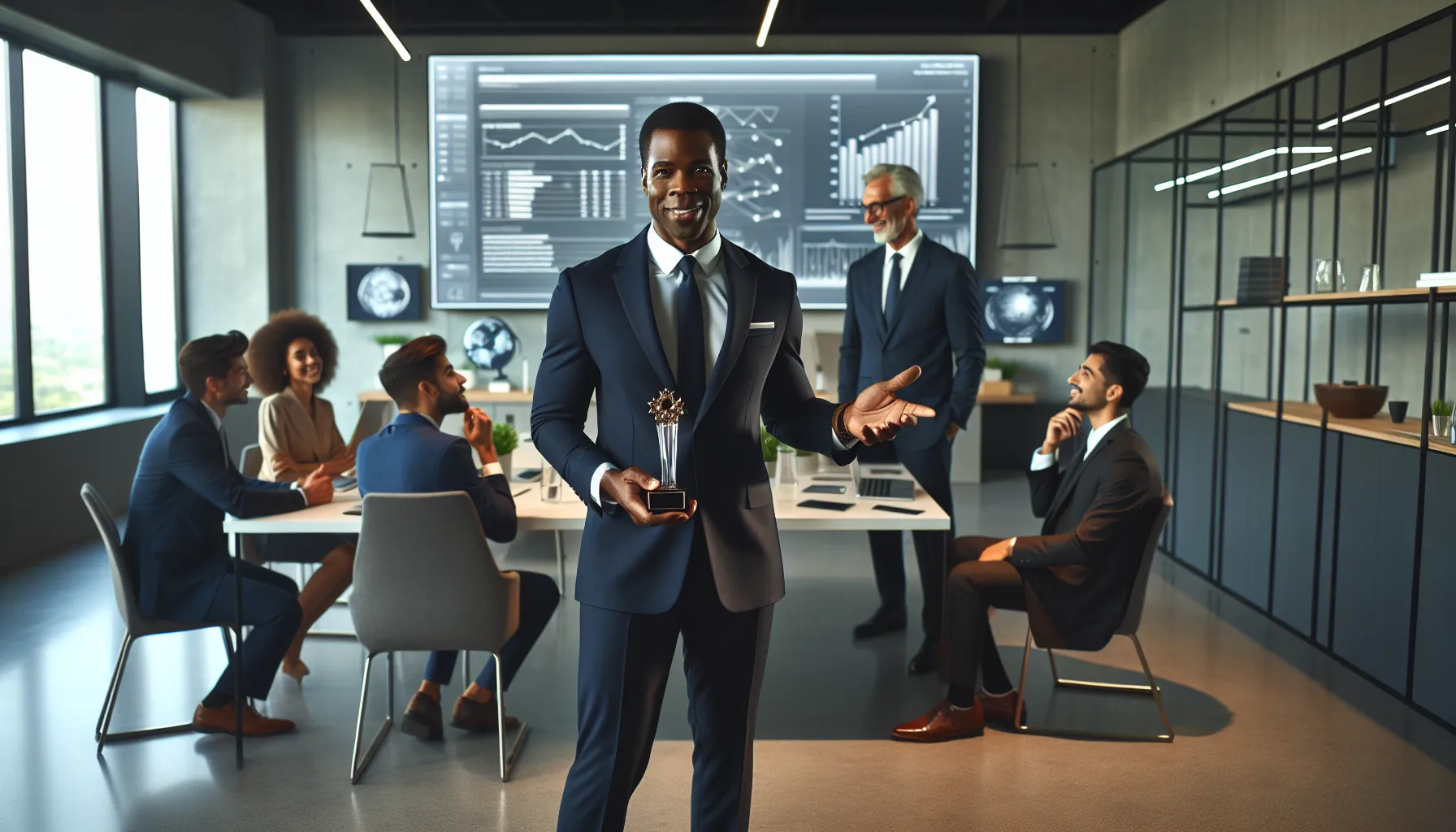 Tommy Jacobs celebrating his achievements with colleagues in a modern office.